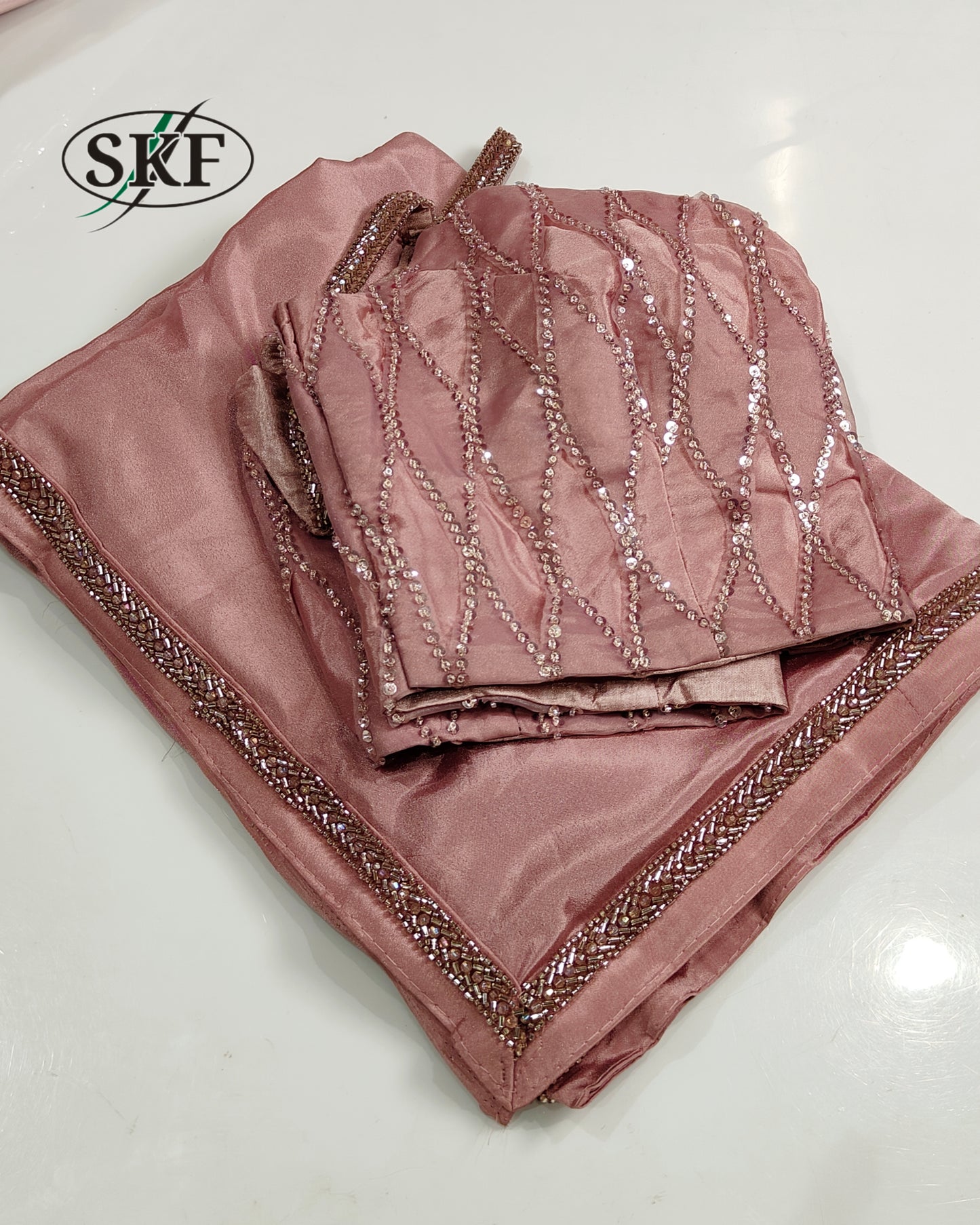 SATIN SILK HANDWORK BORDER STICH BLOUSE ICE BLUE SAREE BY SKFBHOLUBHAI