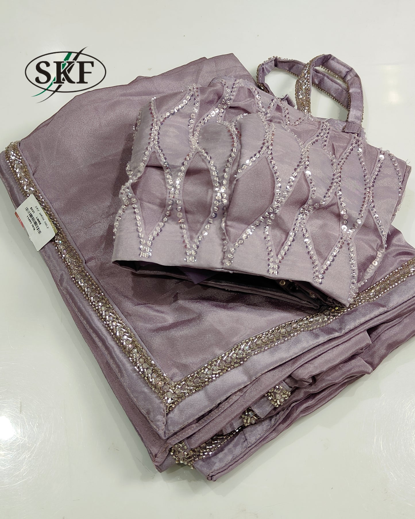 SATIN SILK HANDWORK BORDER STICH BLOUSE ICE BLUE SAREE BY SKFBHOLUBHAI