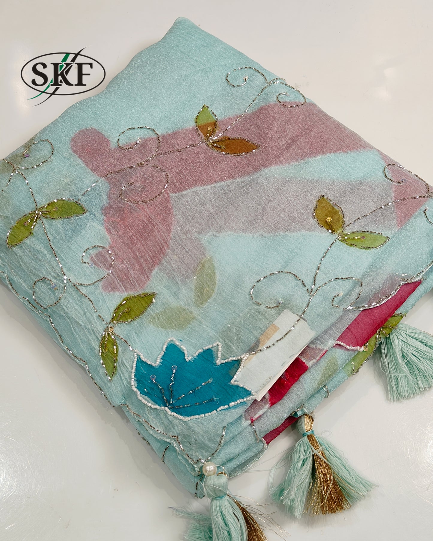 CHIFFON HAND PAINTED HANDWORK GREY SAREE BY SKFBHOLUBHAI