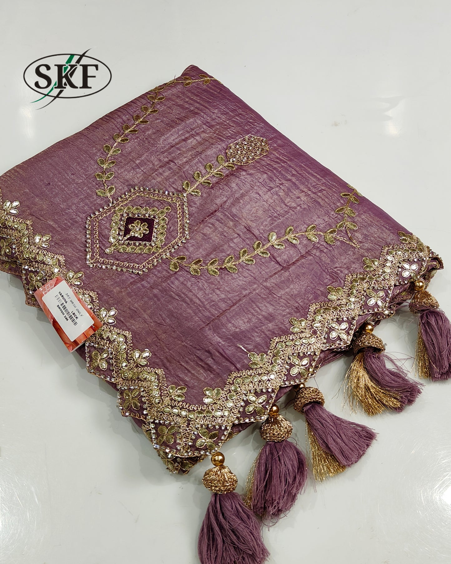 CRUSH TISSUE ZARI GOTTA EMBROIDERY JAAL ICE BLUE SAREE BY SKFBHOLUBHAI