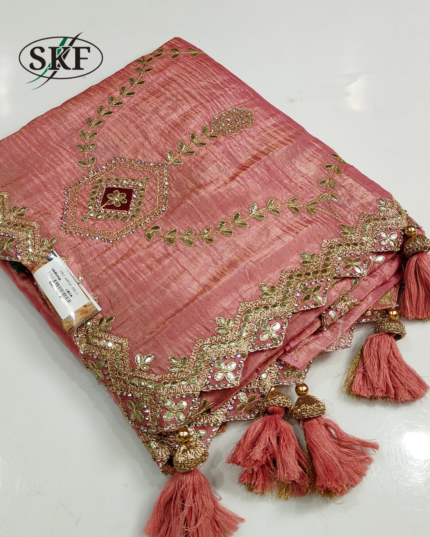 CRUSH TISSUE ZARI GOTTA EMBROIDERY JAAL ICE BLUE SAREE BY SKFBHOLUBHAI