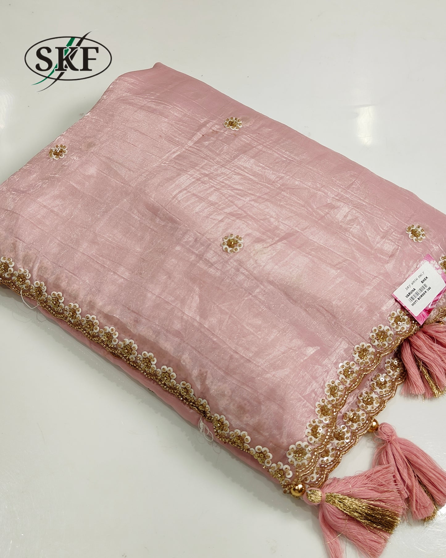CRUSH TISSUE PERAL HANDWORK PISTA GREEN SAREE BY SKFBHOLUBHAI