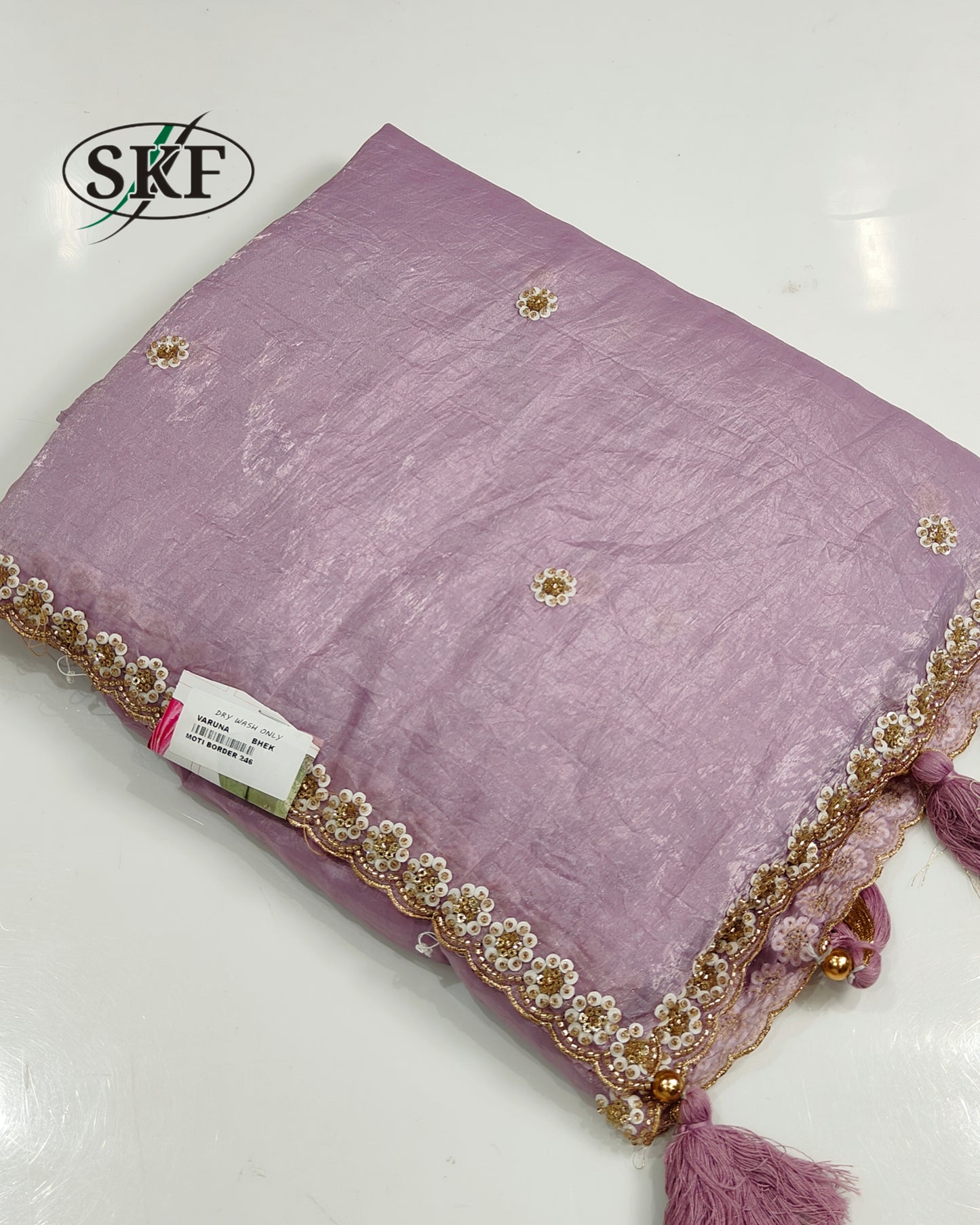 CRUSH TISSUE PERAL HANDWORK PISTA GREEN SAREE BY SKFBHOLUBHAI
