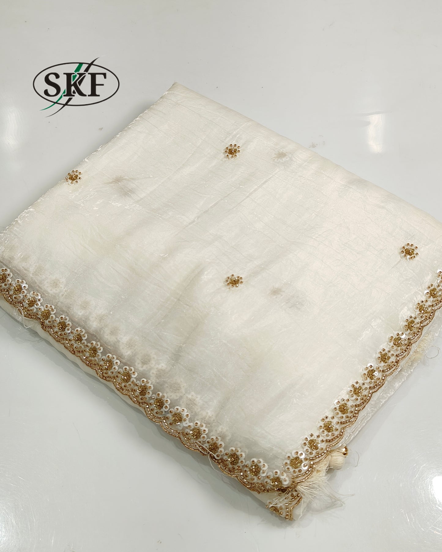 CRUSH TISSUE PERAL HANDWORK PISTA GREEN SAREE BY SKFBHOLUBHAI