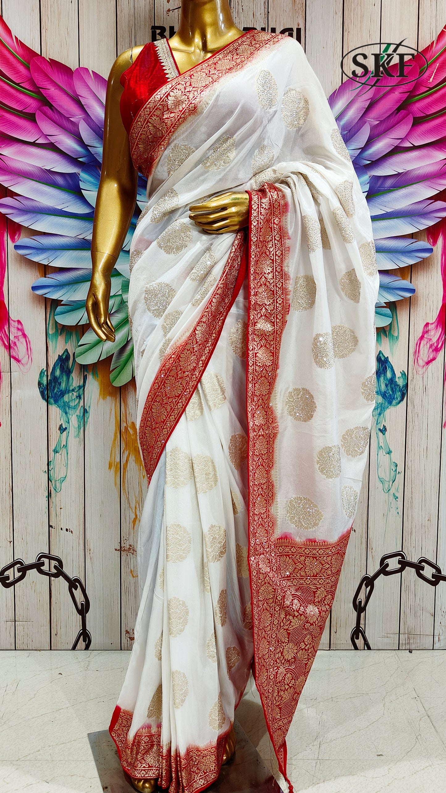 JAIPURI FAGUN SILK RED&WHITE SEROSKI WEAVING BUTTY SAREE BY SKFBHOLUBHAI