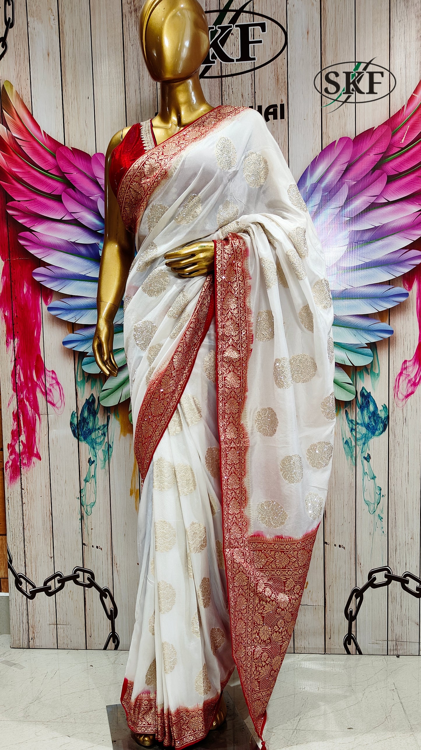 JAIPURI FAGUN SILK RED&WHITE SEROSKI WEAVING BUTTY SAREE BY SKFBHOLUBHAI