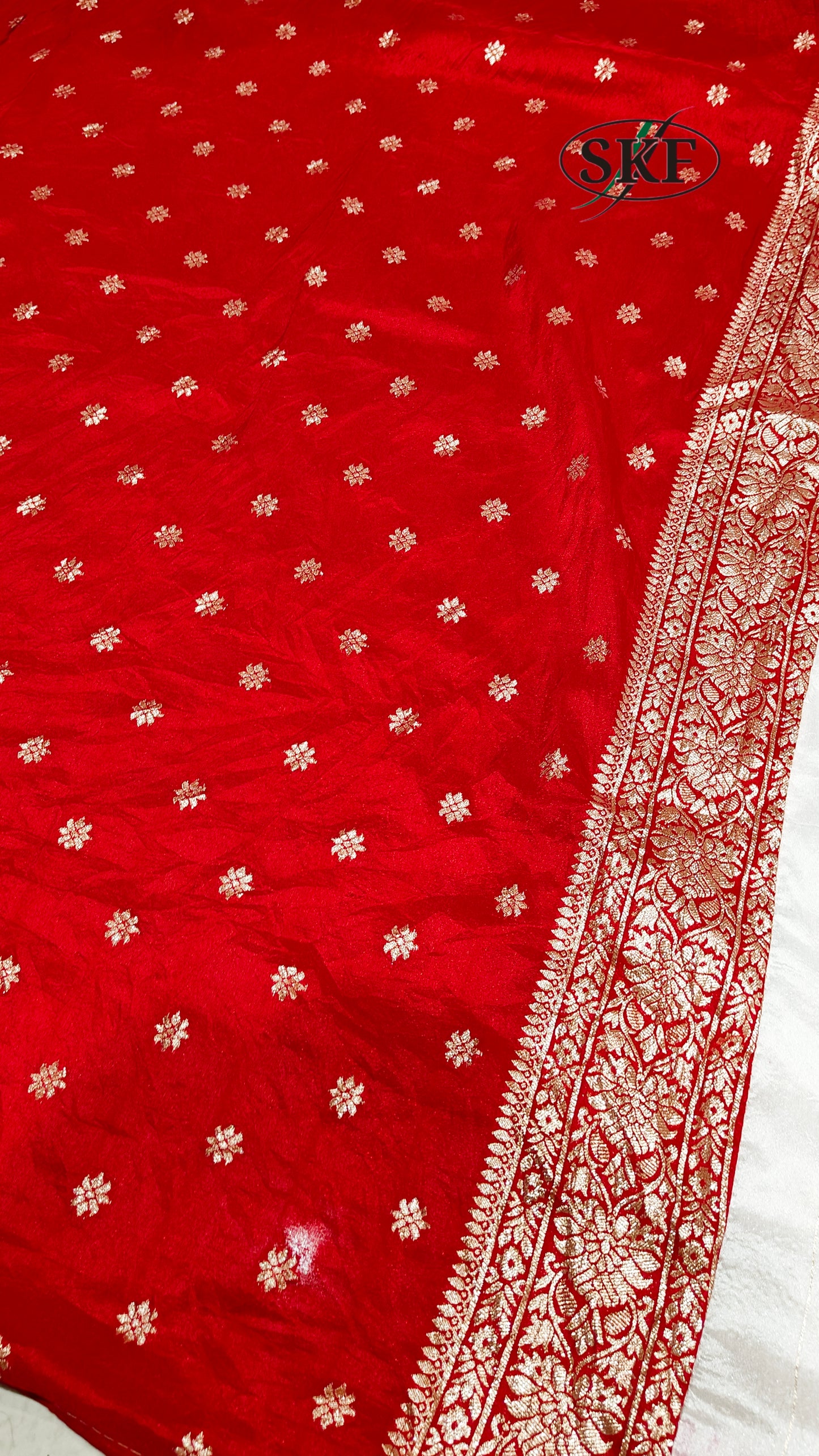 JAIPURI FAGUN SILK RED&WHITE SEROSKI WEAVING BUTTY SAREE BY SKFBHOLUBHAI