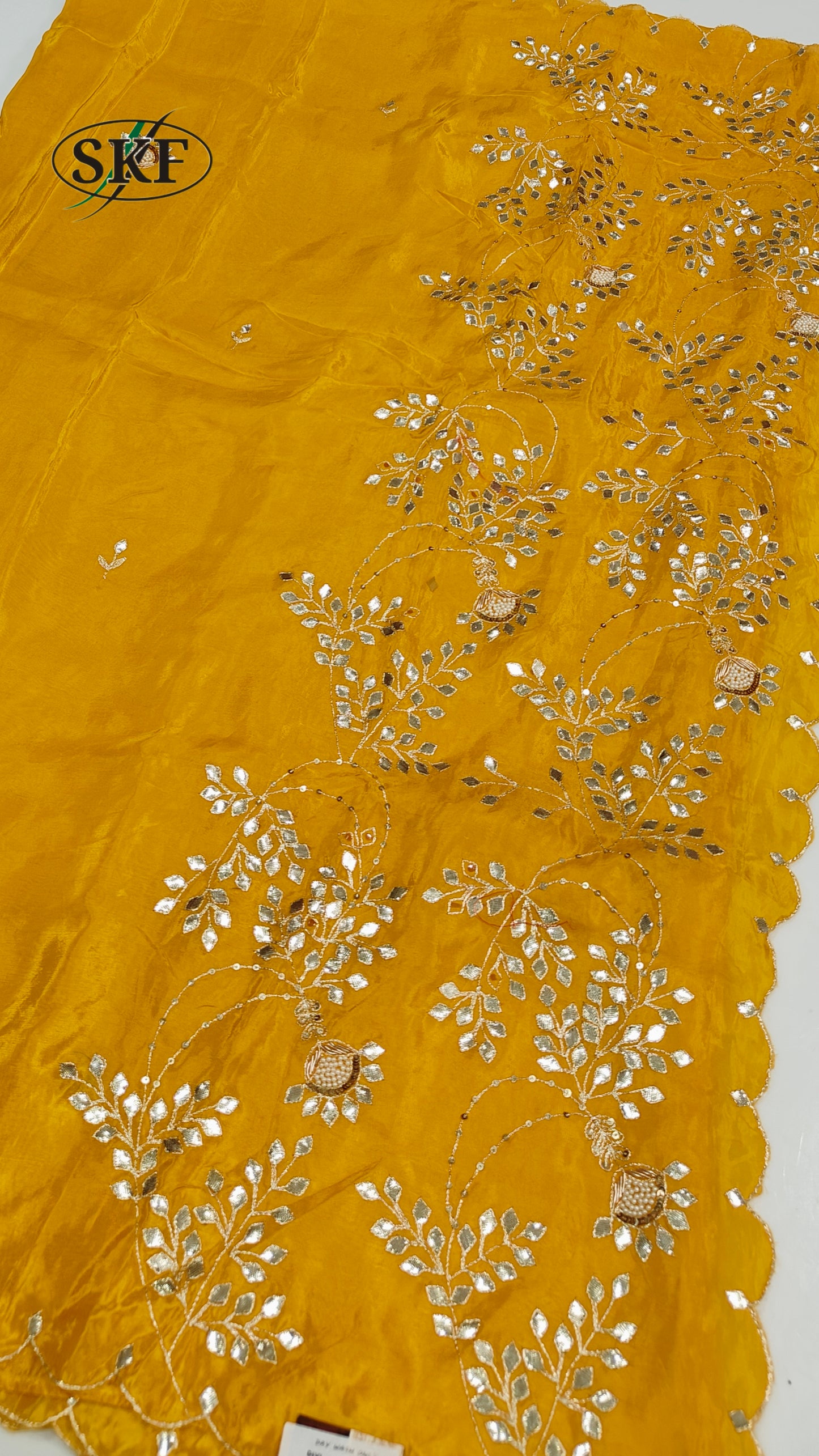 HO SILK GOTTA HAND PEARL WORK YELLOW SAREE BY SKFBHOLUBHAI