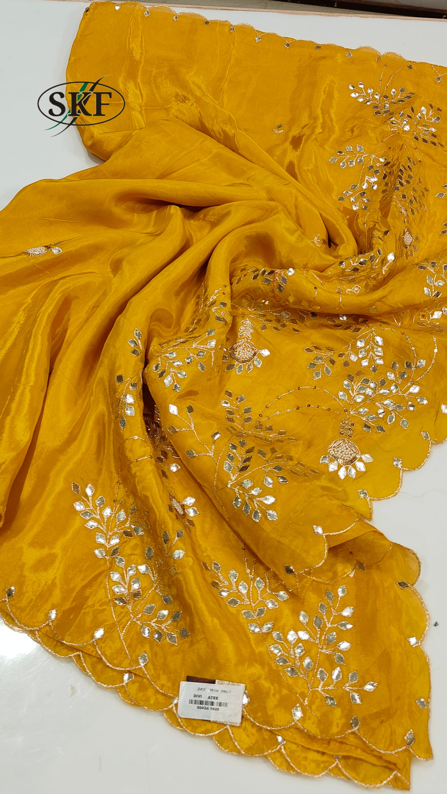 HO SILK GOTTA HAND PEARL WORK YELLOW SAREE BY SKFBHOLUBHAI