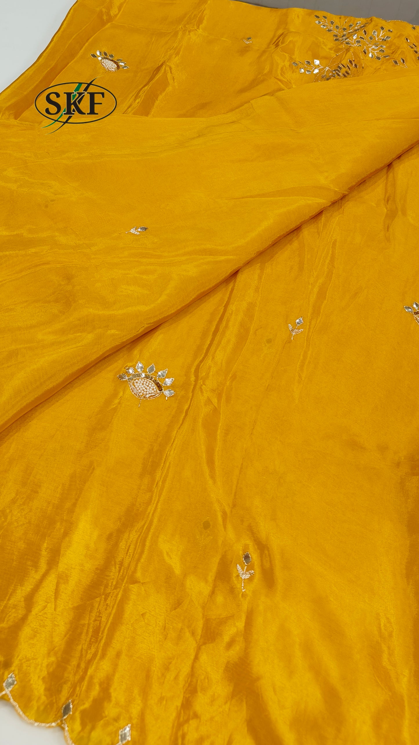 HO SILK GOTTA HAND PEARL WORK YELLOW SAREE BY SKFBHOLUBHAI