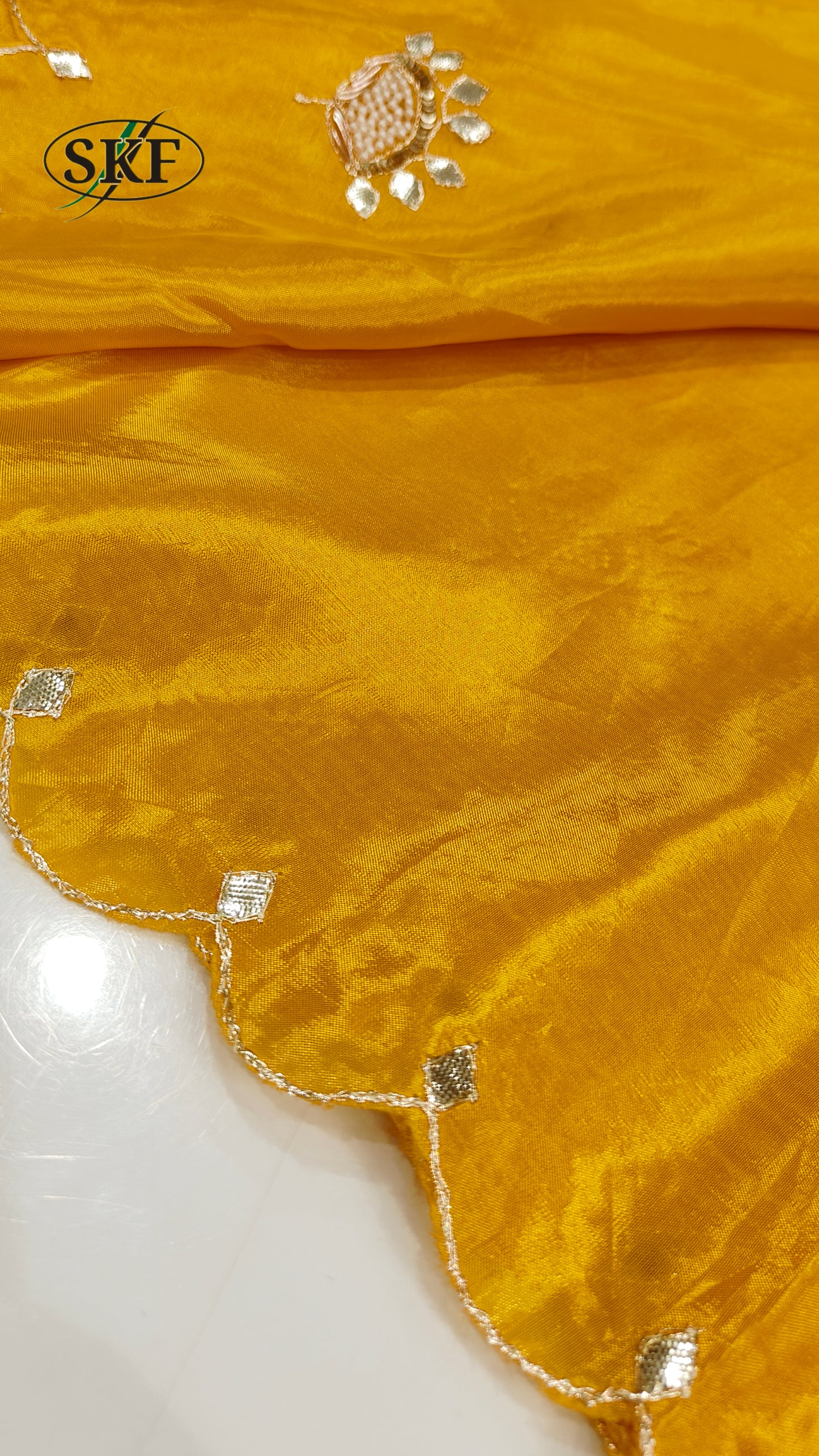 HO SILK GOTTA HAND PEARL WORK YELLOW SAREE BY SKFBHOLUBHAI