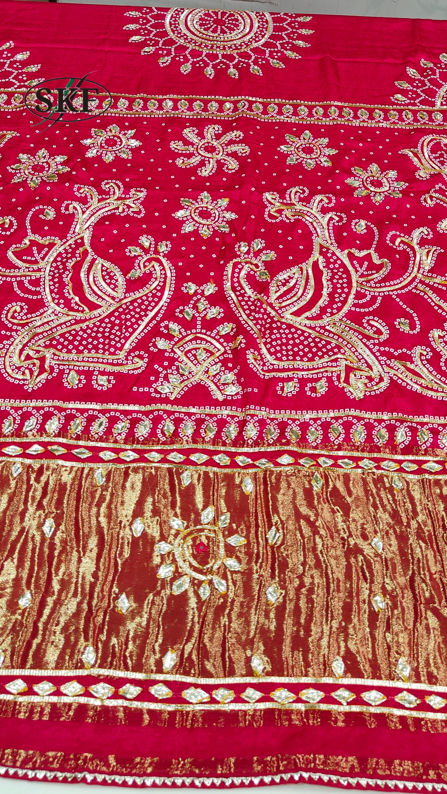 GAJJI SILK KACHA GOTTA CHAKRA BHANDHANI BORDER WORK RANI PINK SAREE BY SKFBHOLUBHAI