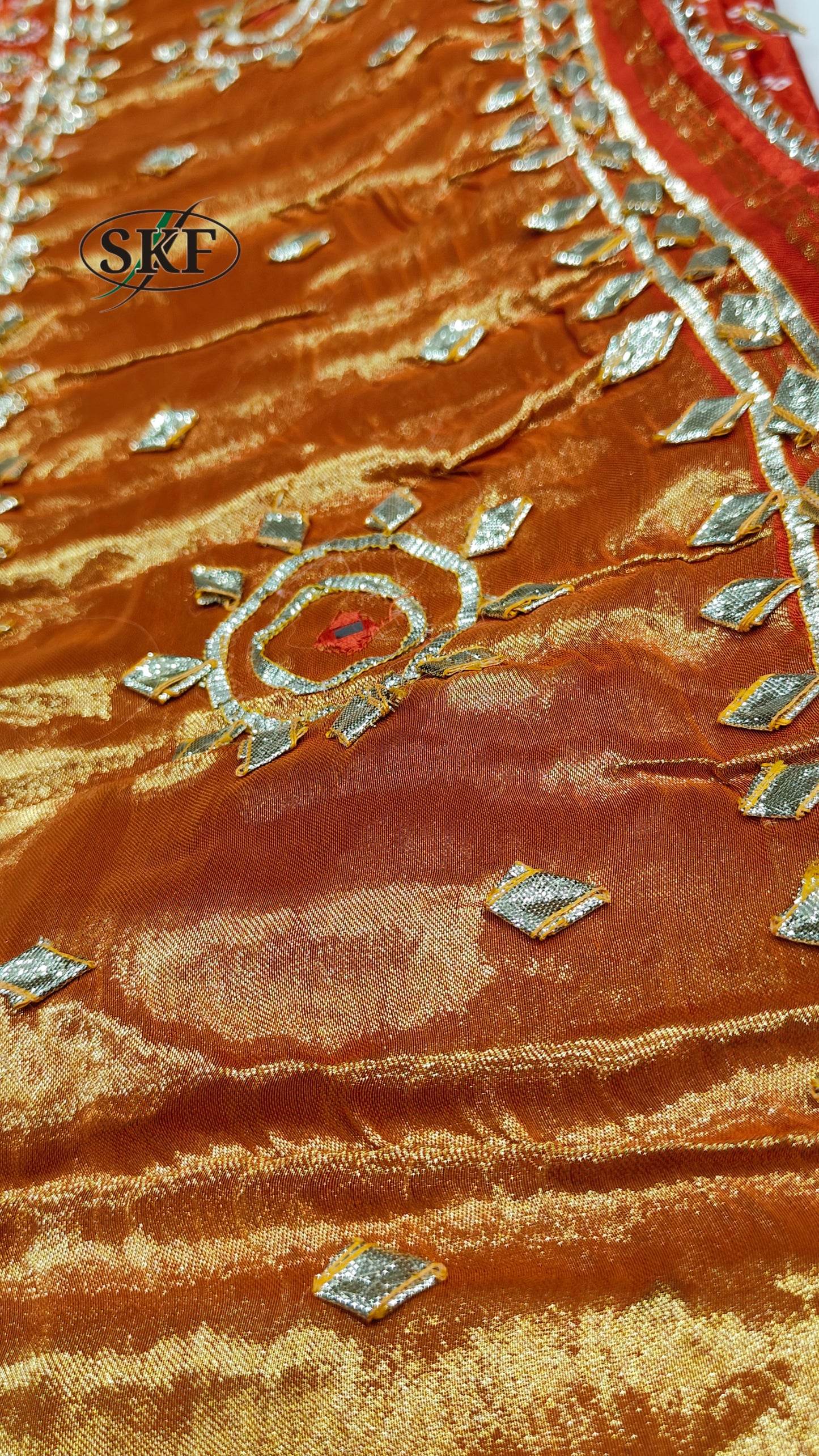 GAJJI SILK KACHA GOTTA CHAKRA BHANDHANI BORDER WORK SAREE BY SKFBHOLUBHAI