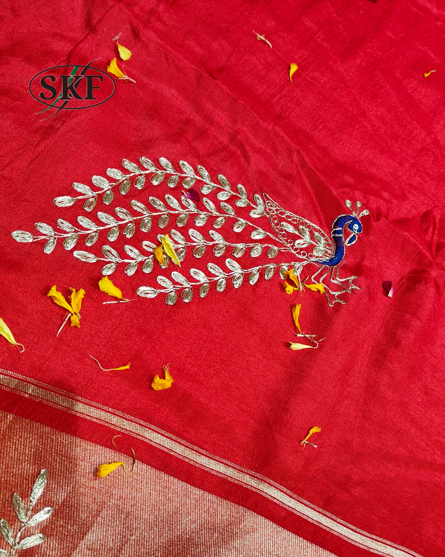RUSSIAN SILK PEACOCK MOTIF AARI WEAVING WORK SAREE BY SKFBHOLUBHAI