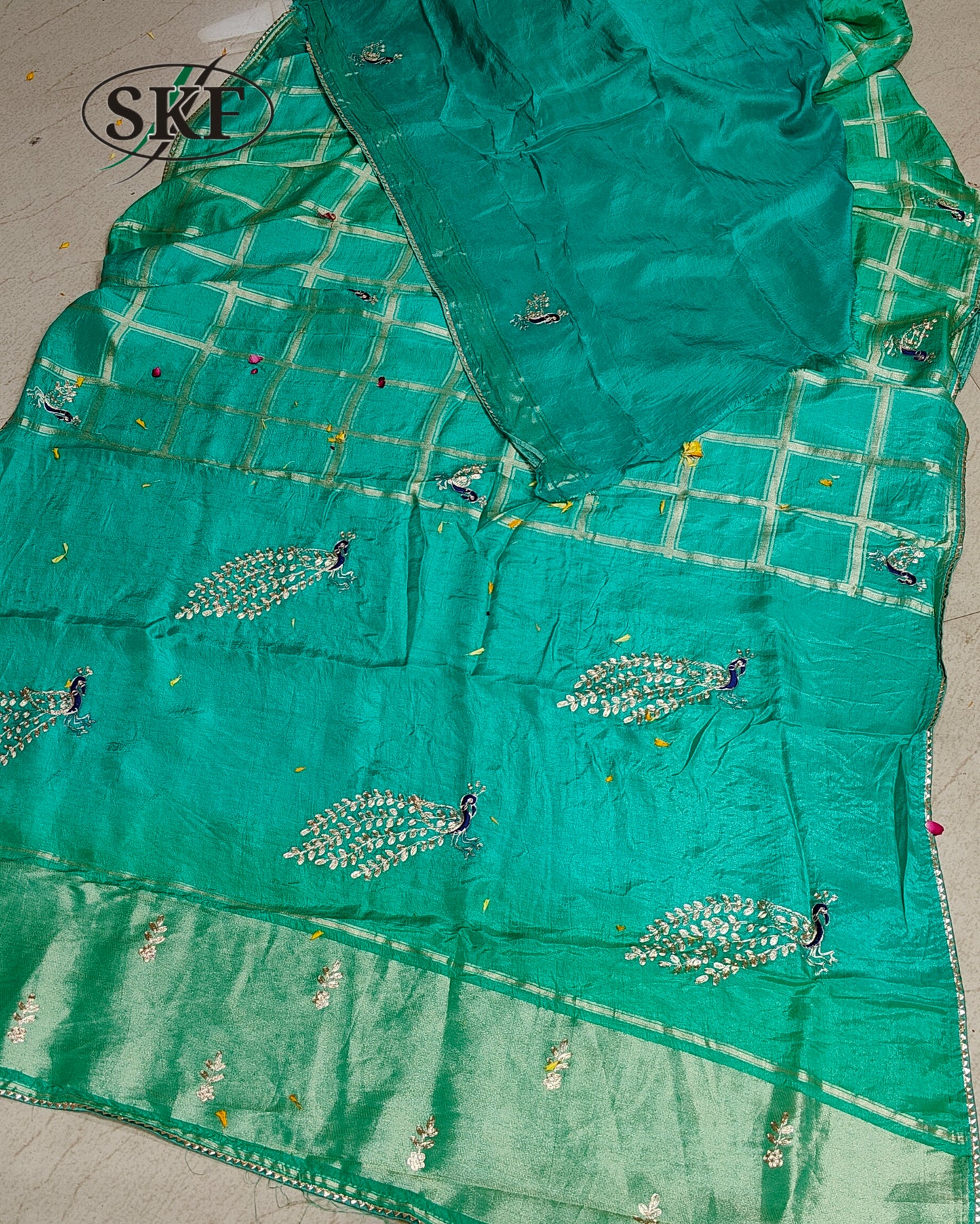 RUSSIAN SILK PEACOCK MOTIF AARI WEAVING WORK SAREE BY SKFBHOLUBHAI
