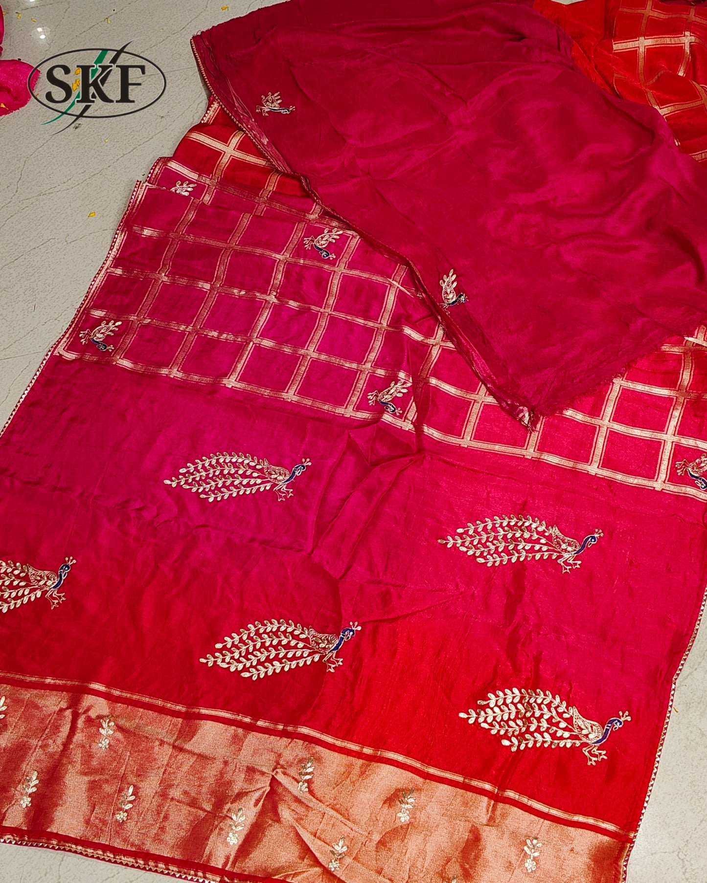 RUSSIAN SILK PEACOCK MOTIF AARI WEAVING WORK SAREE BY SKFBHOLUBHAI