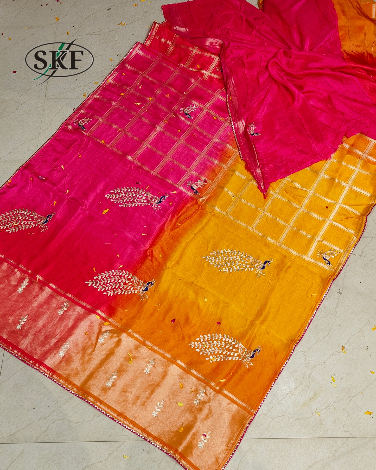 RUSSIAN SILK PEACOCK MOTIF AARI WEAVING WORK SAREE BY SKFBHOLUBHAI