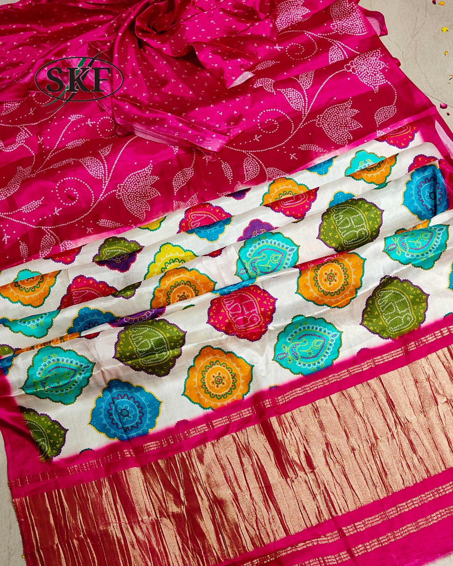 GAJJI SILK PACHRANGA DIGITAL MOTIF FLORAL JAAL PRINT MULTICOLOUR SAREE BY SKFBHOLUBHAI