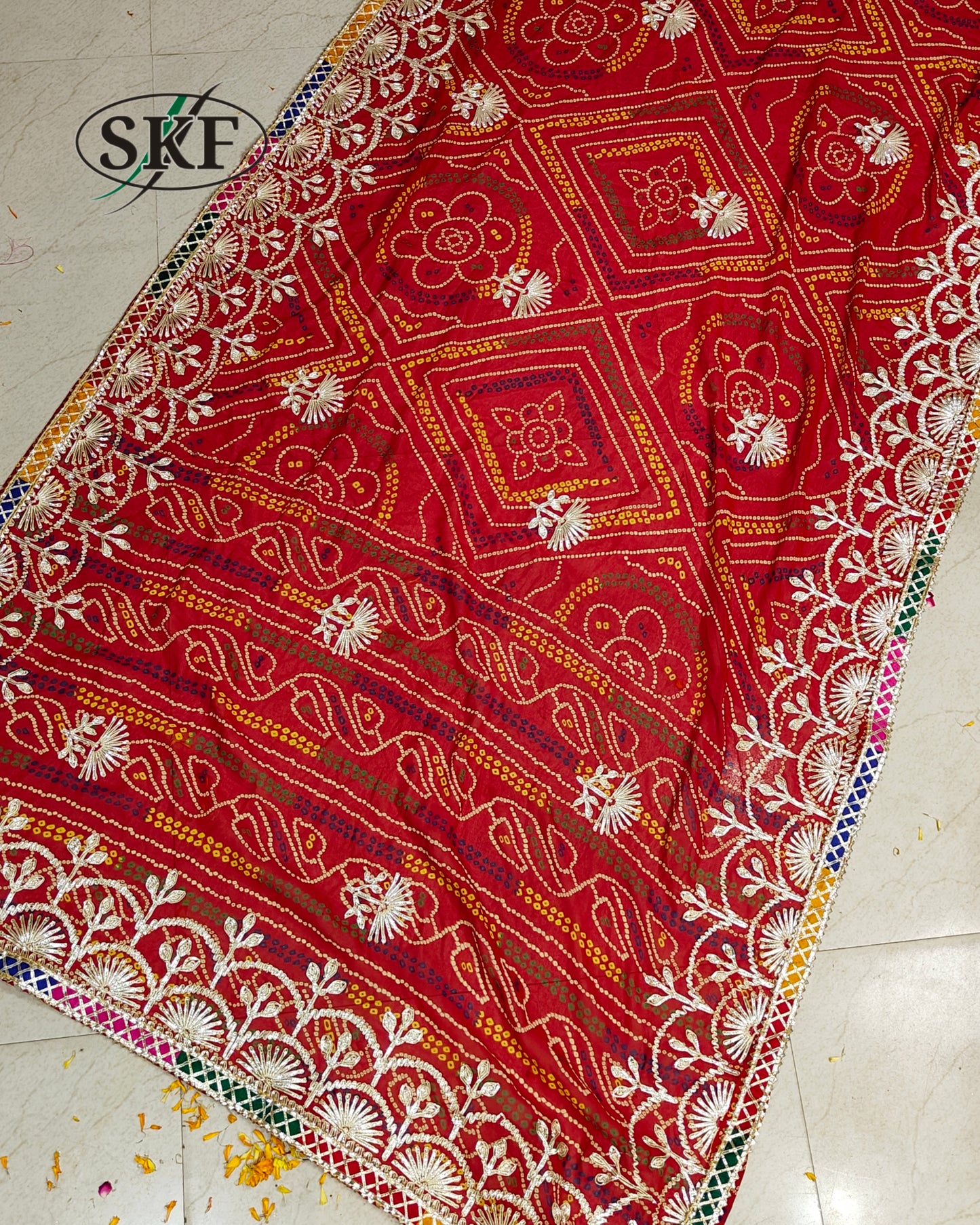 CHINON CREPE RAJASTHANI CHUNRI KACHA GOTTA WORK RED SAREE BY SKFBHOLUBHAI