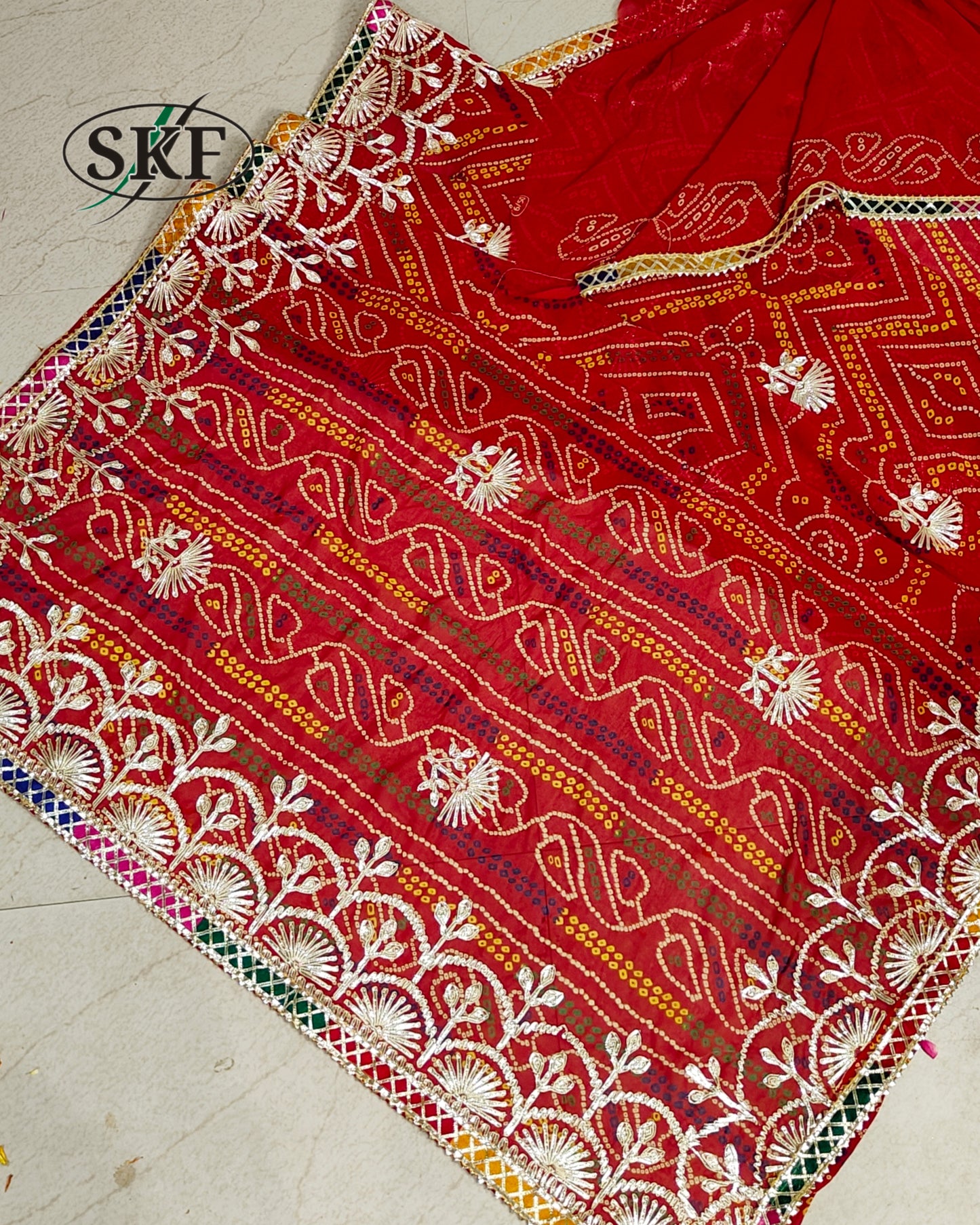 CHINON CREPE RAJASTHANI CHUNRI KACHA GOTTA WORK RED SAREE BY SKFBHOLUBHAI