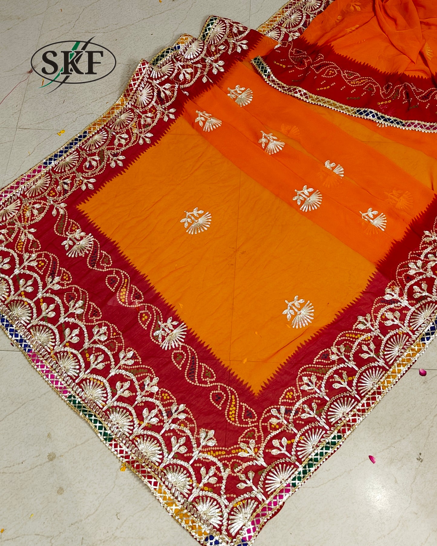 CHINON CREPE RAJASTHANI PILLA KACHA GOTTA WORK YELLOW MUSTURD SAREE BY SKFBHOLUBHAI (Copy)