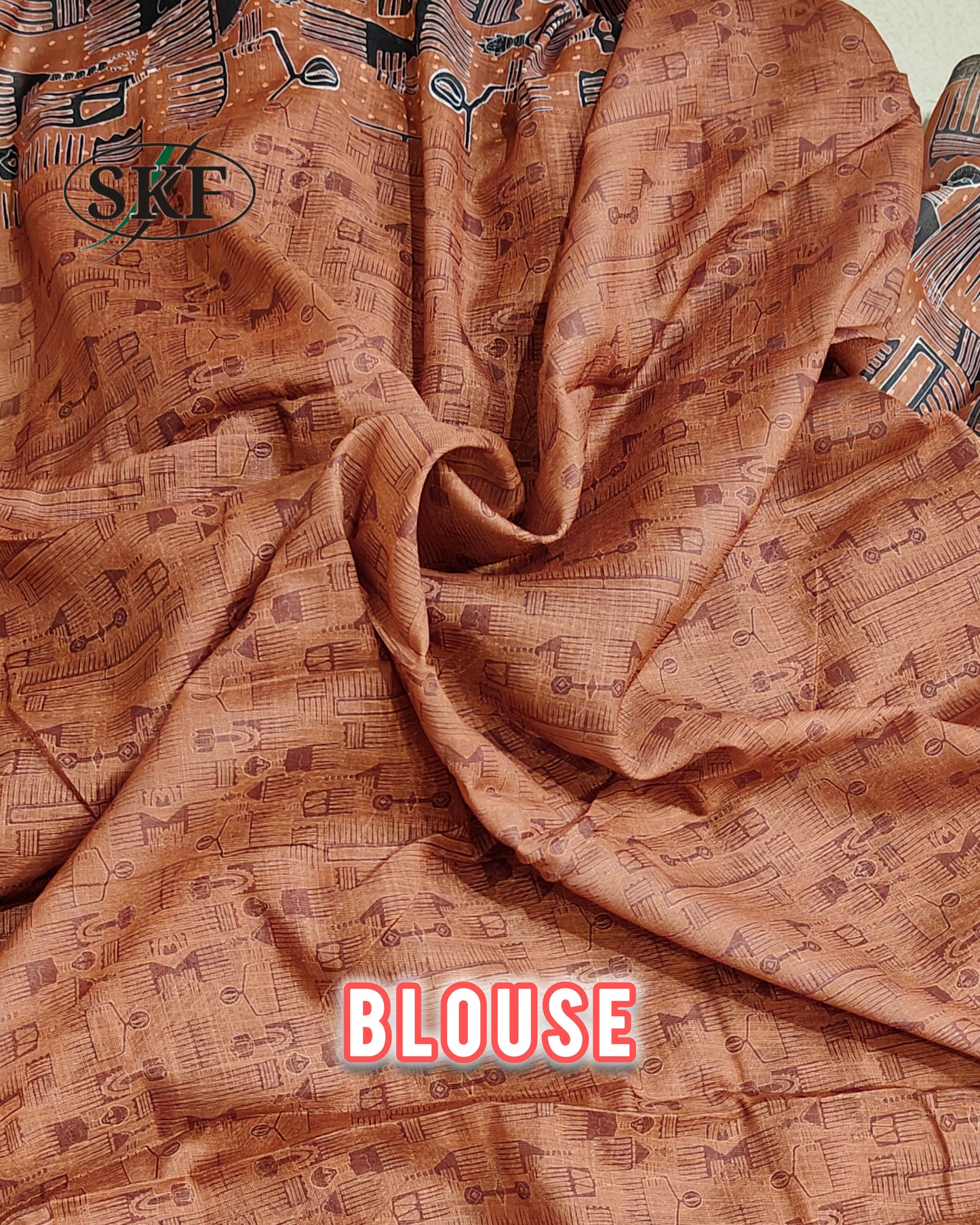 LINEN COTTON DIGITAL EYGPTIAN PRINT WEAVING BORDER WORK BROWN SAREE BY SKFBHOLUBHAI