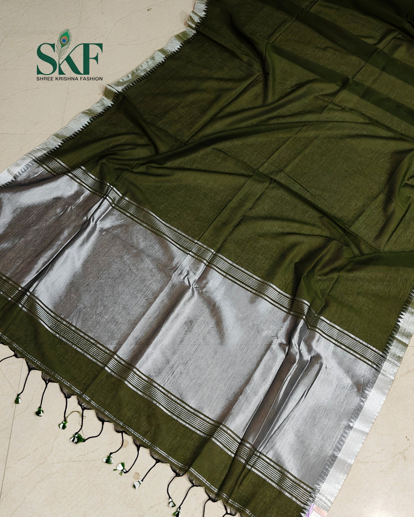 COTTON PLAIN WEAVING PALLU BOTTLEGREEN & SILVER SAREE BY SKFBHOLUBHAI