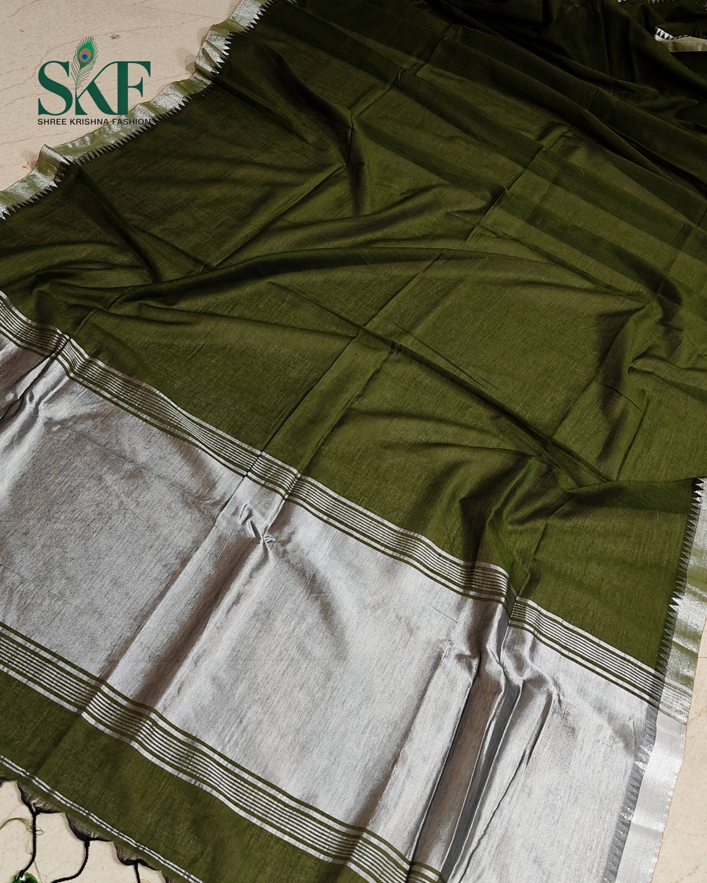 COTTON PLAIN WEAVING PALLU BOTTLEGREEN & SILVER SAREE BY SKFBHOLUBHAI