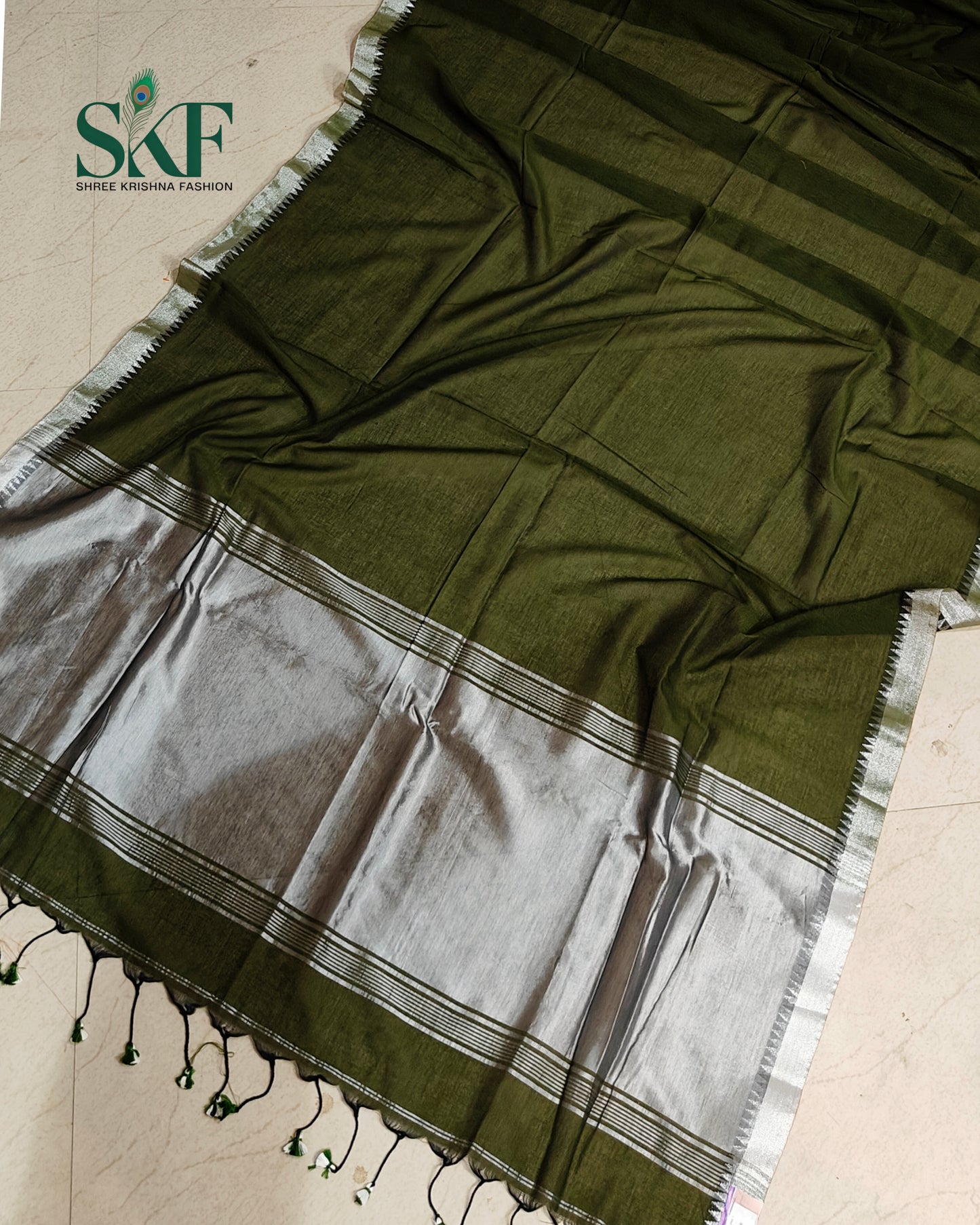 COTTON PLAIN WEAVING PALLU BOTTLEGREEN & SILVER SAREE BY SKFBHOLUBHAI