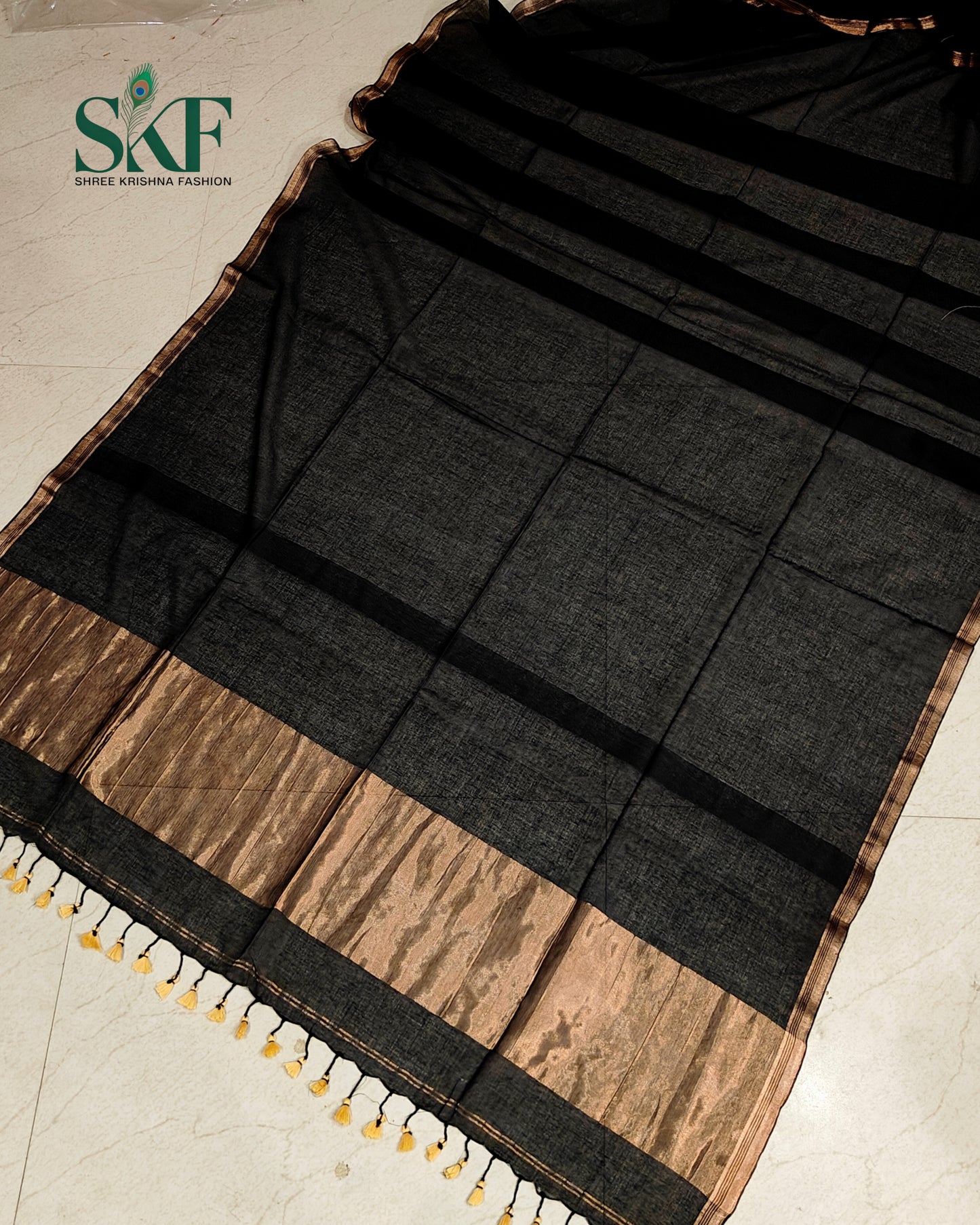COTTON PLAIN WEAVING PALLU BLACK & BRONZE SAREE BY SKFBHOLUBHAI