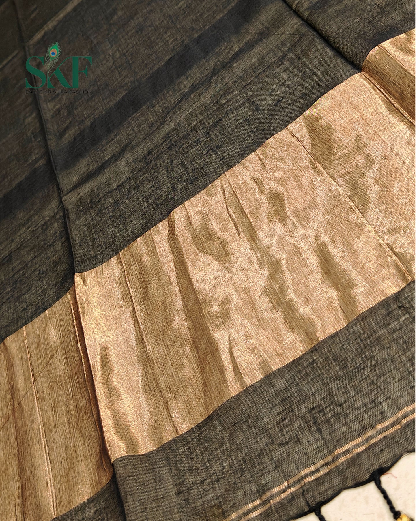 COTTON PLAIN WEAVING PALLU BLACK & BRONZE SAREE BY SKFBHOLUBHAI