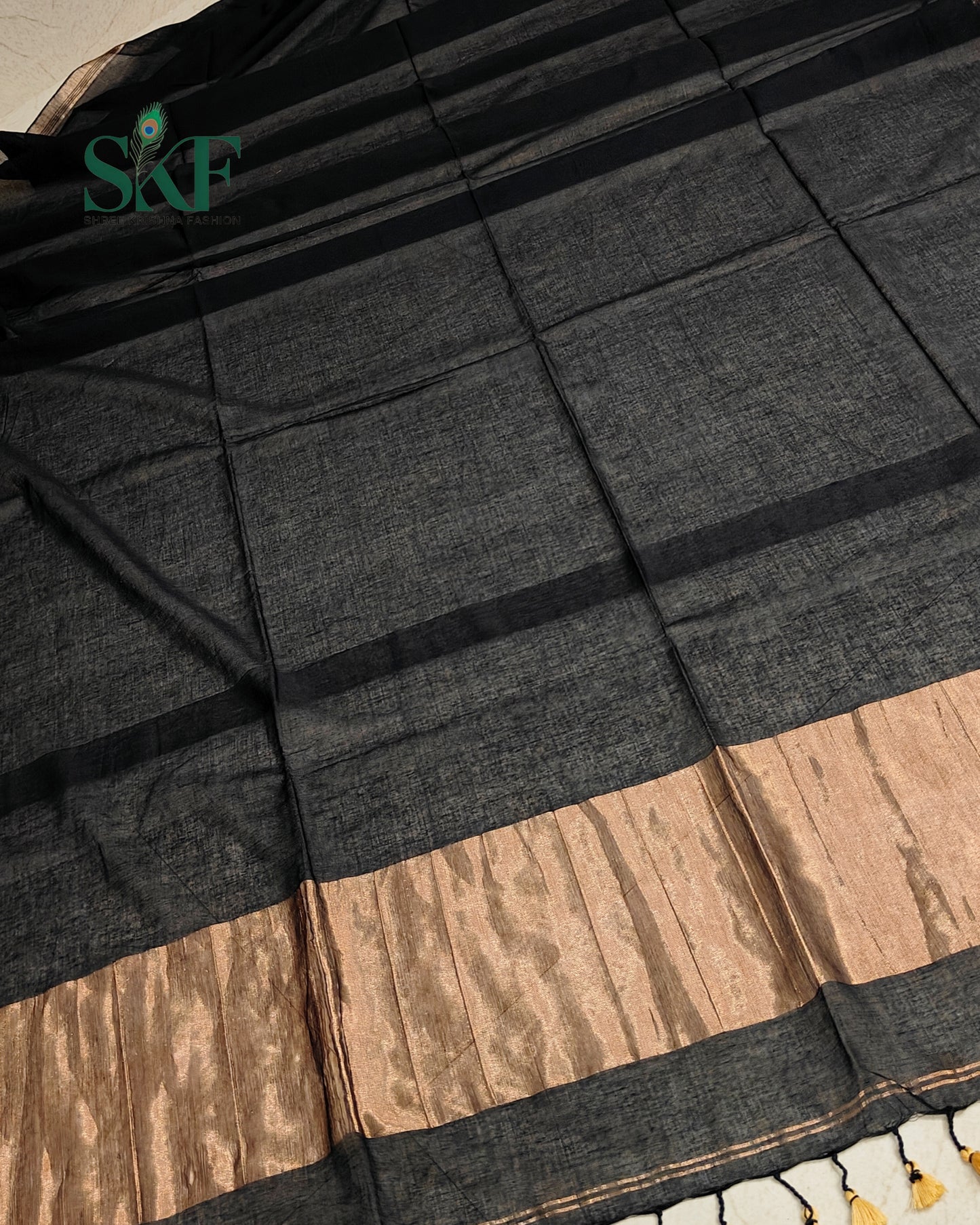 COTTON PLAIN WEAVING PALLU BLACK & BRONZE SAREE BY SKFBHOLUBHAI
