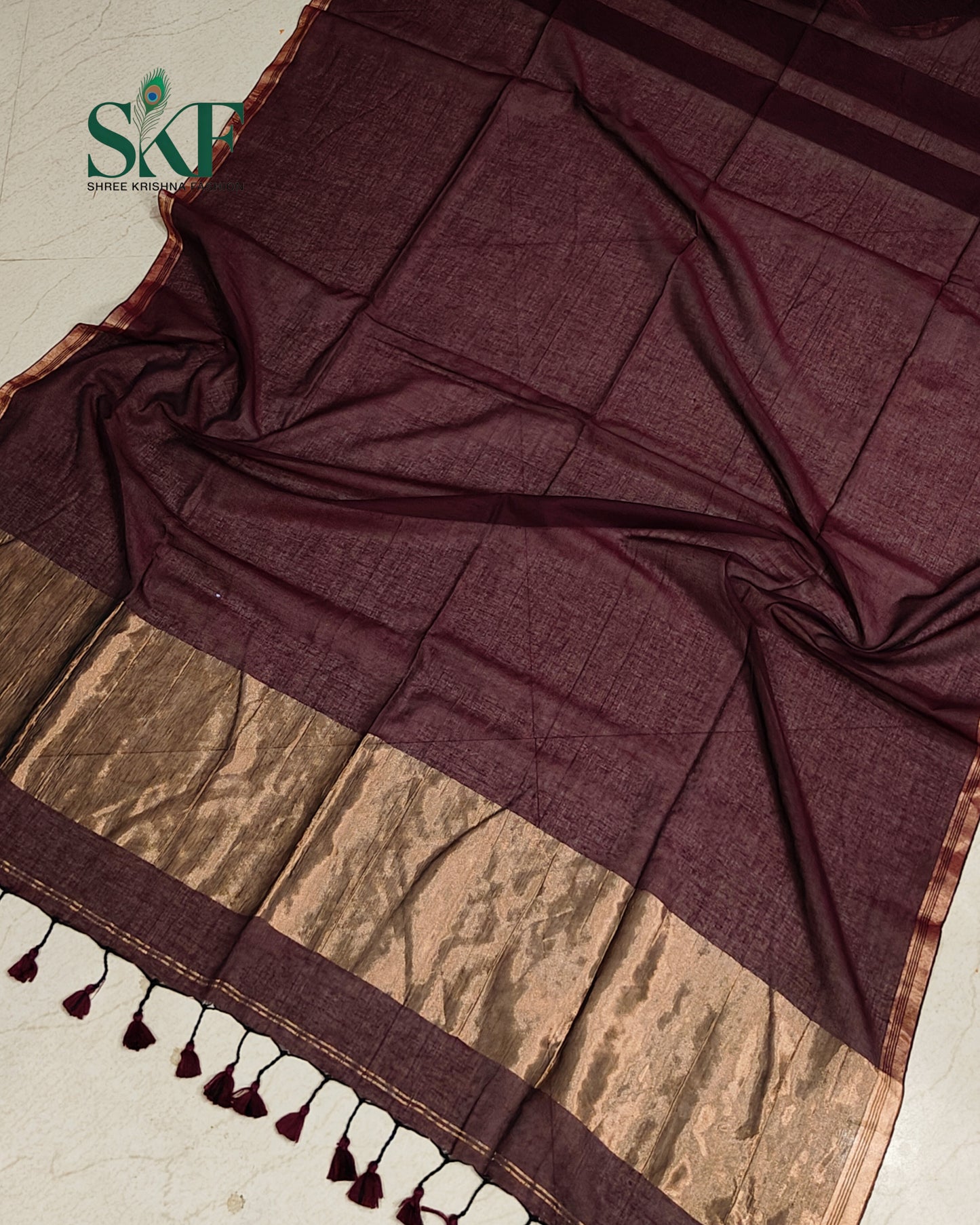 COTTON PLAIN WEAVING PALLU WINE & BRONZE SAREE BY SKFBHOLUBHAI
