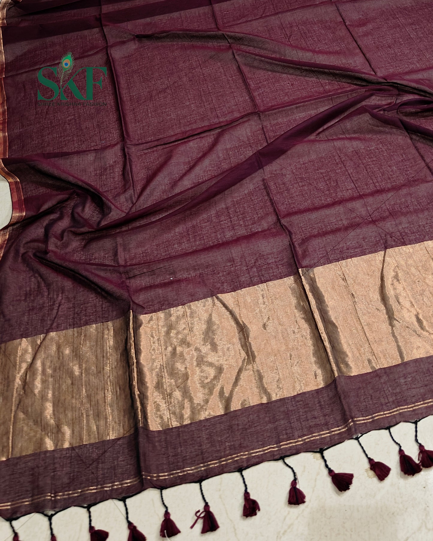 COTTON PLAIN WEAVING PALLU WINE & BRONZE SAREE BY SKFBHOLUBHAI