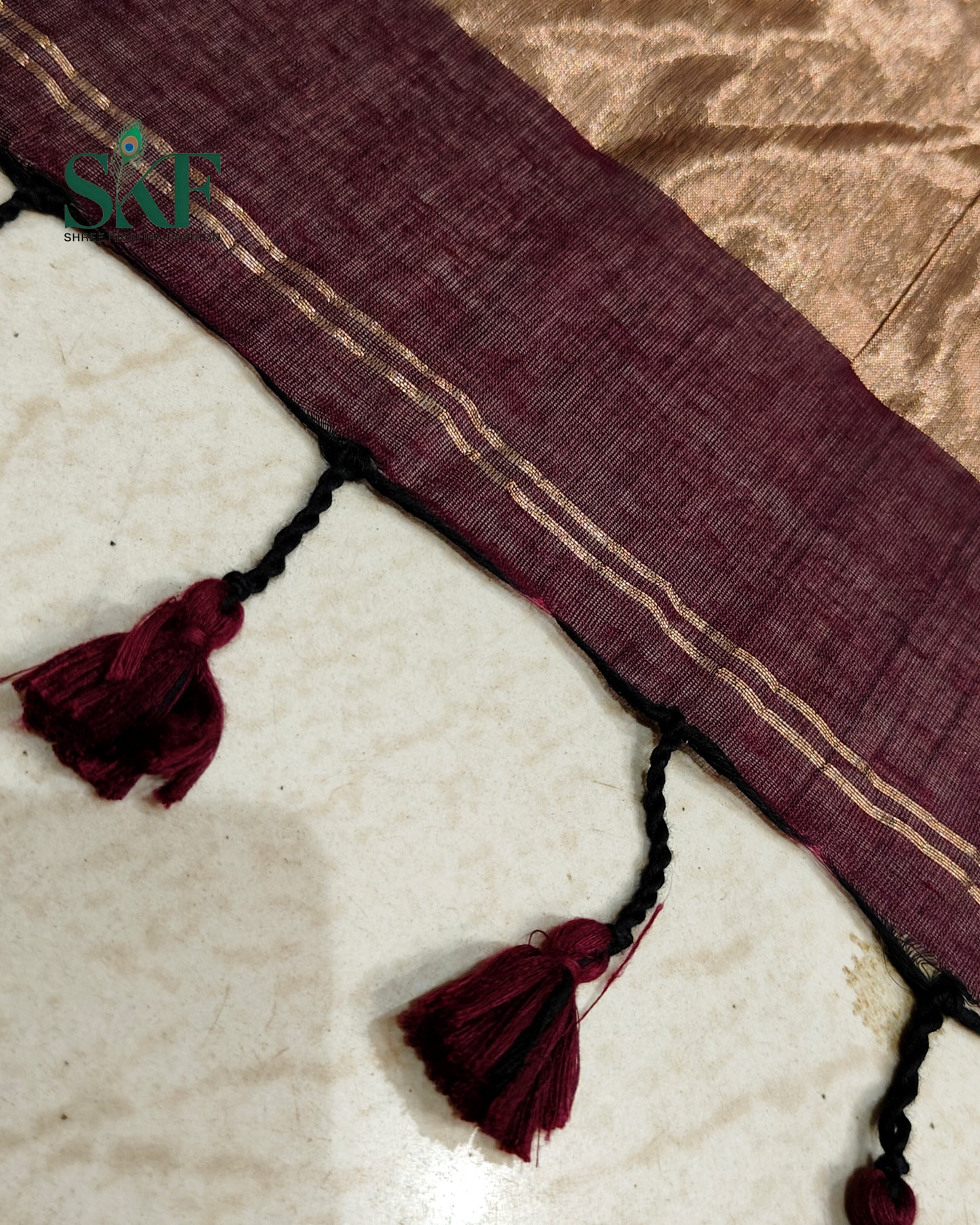 COTTON PLAIN WEAVING PALLU WINE & BRONZE SAREE BY SKFBHOLUBHAI