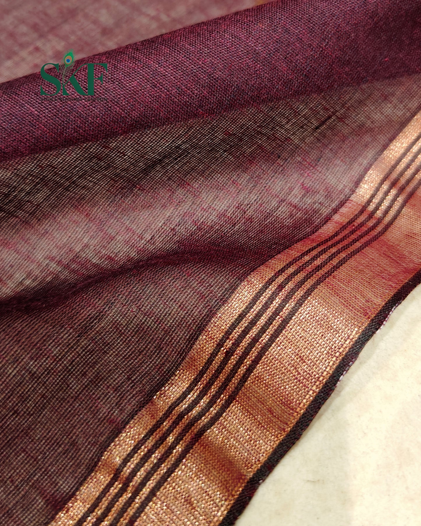 COTTON PLAIN WEAVING PALLU WINE & BRONZE SAREE BY SKFBHOLUBHAI
