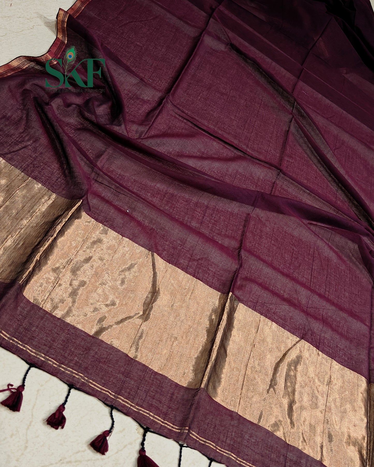 COTTON PLAIN WEAVING PALLU WINE & BRONZE SAREE BY SKFBHOLUBHAI