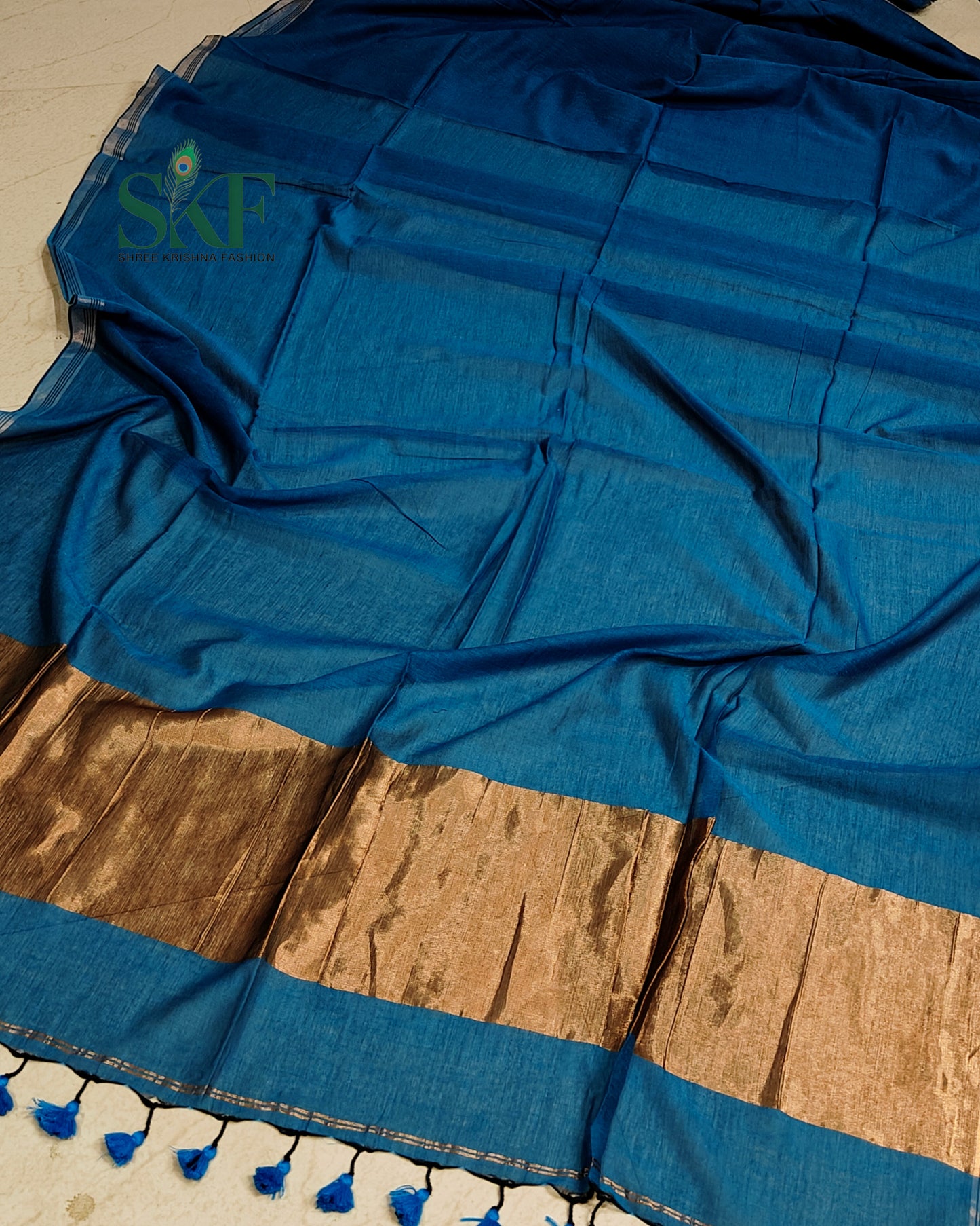 COTTON PLAIN WEAVING PALLU TEALBLUE & BRONZE SAREE BY SKFBHOLUBHAI