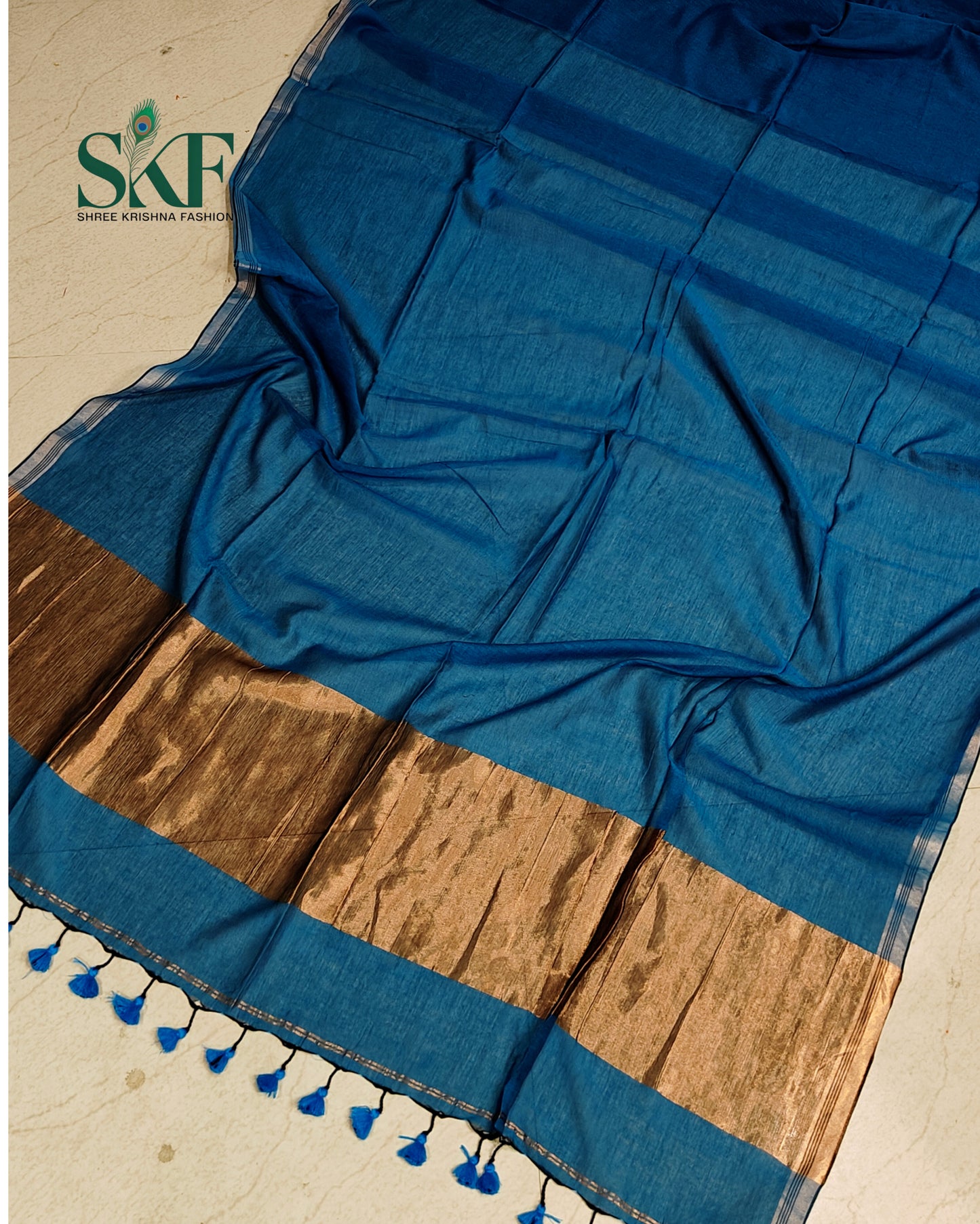 COTTON PLAIN WEAVING PALLU TEALBLUE & BRONZE SAREE BY SKFBHOLUBHAI