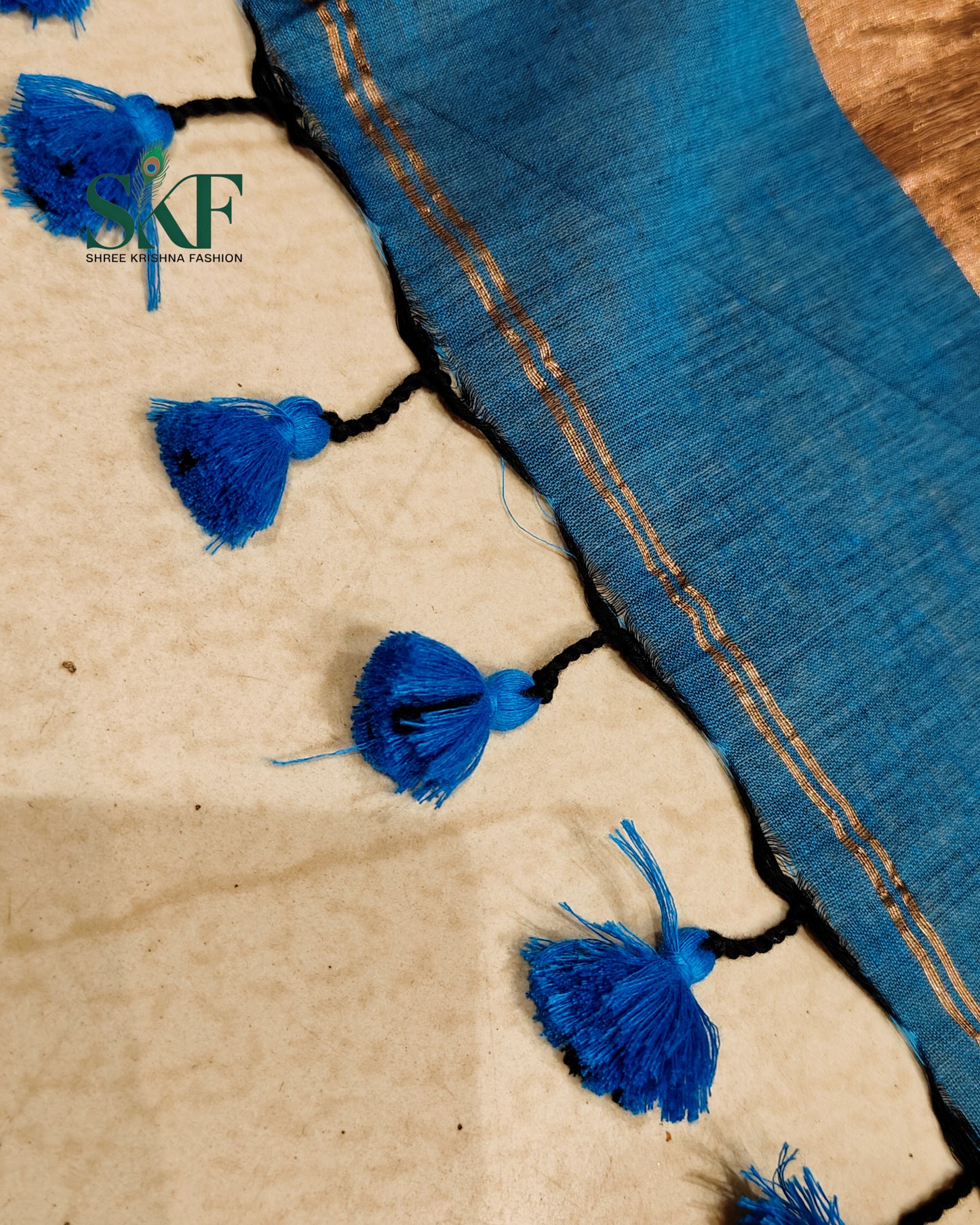COTTON PLAIN WEAVING PALLU TEALBLUE & BRONZE SAREE BY SKFBHOLUBHAI