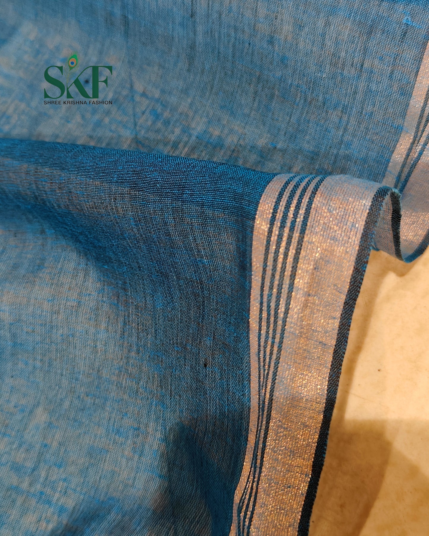 COTTON PLAIN WEAVING PALLU TEALBLUE & BRONZE SAREE BY SKFBHOLUBHAI
