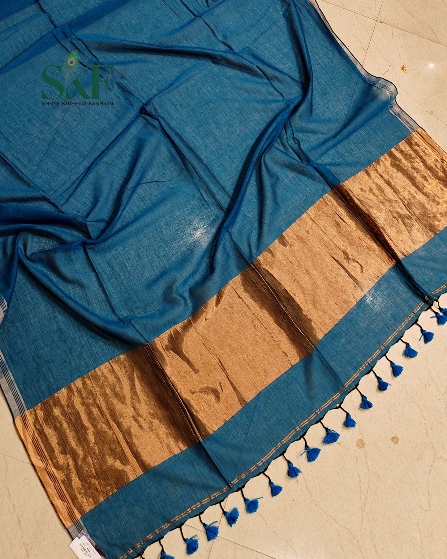 COTTON PLAIN WEAVING PALLU TEALBLUE & BRONZE SAREE BY SKFBHOLUBHAI