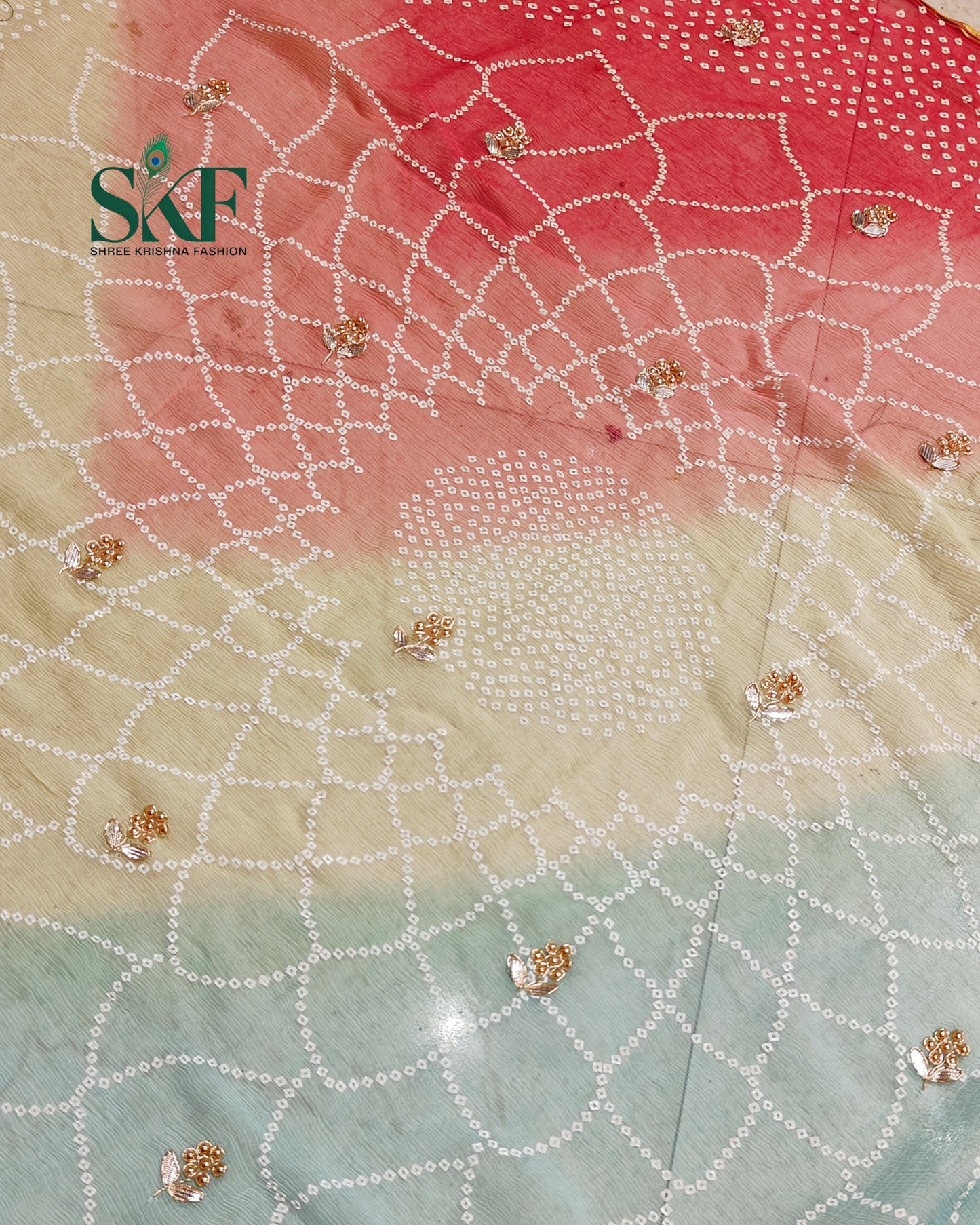 CHIFFON BHANDHANI HANDWORK BUTTY RAMAGREEN OMBRE DYE SAREE BY SKFBHOLUBHAI