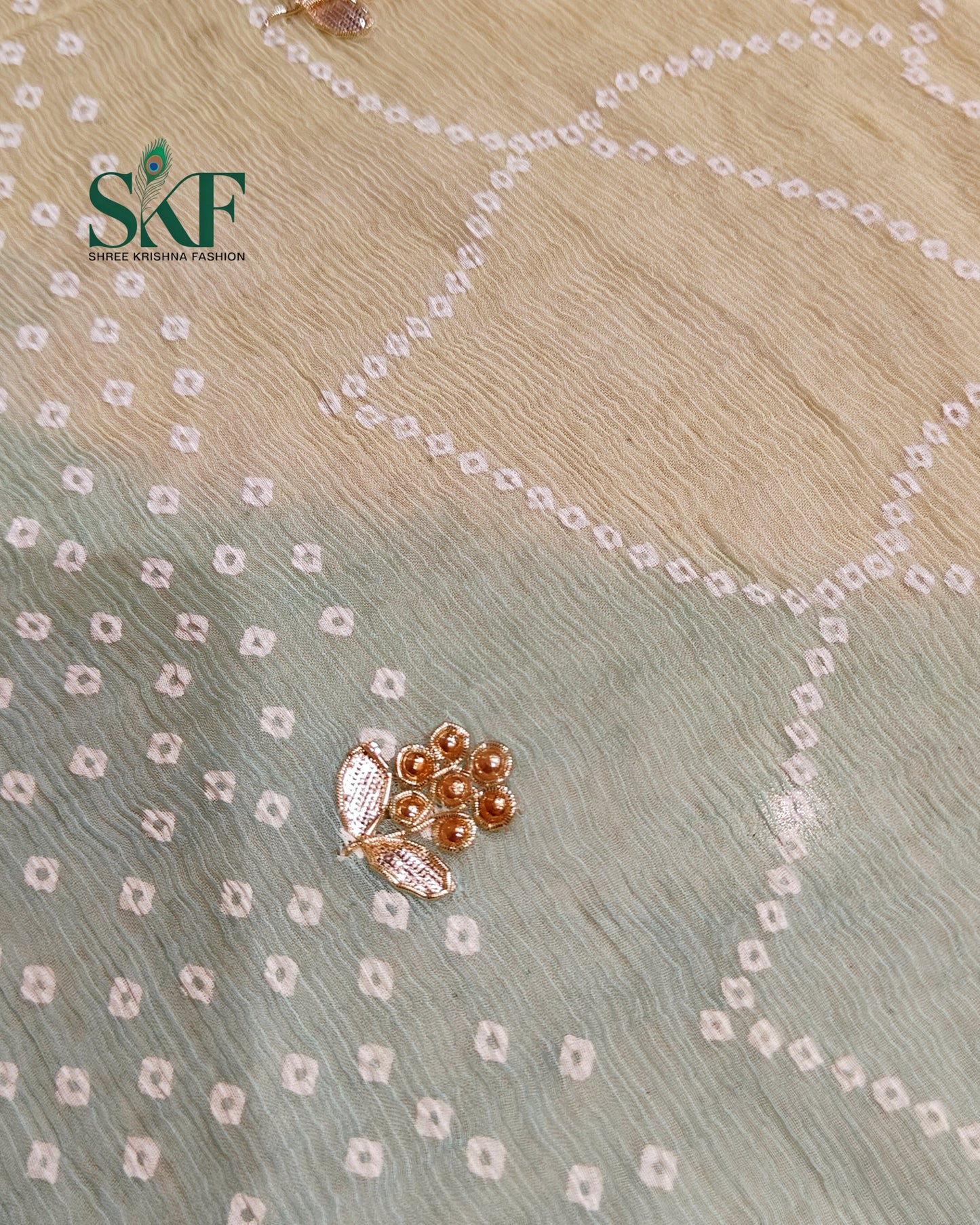 CHIFFON BHANDHANI HANDWORK BUTTY RAMAGREEN OMBRE DYE SAREE BY SKFBHOLUBHAI