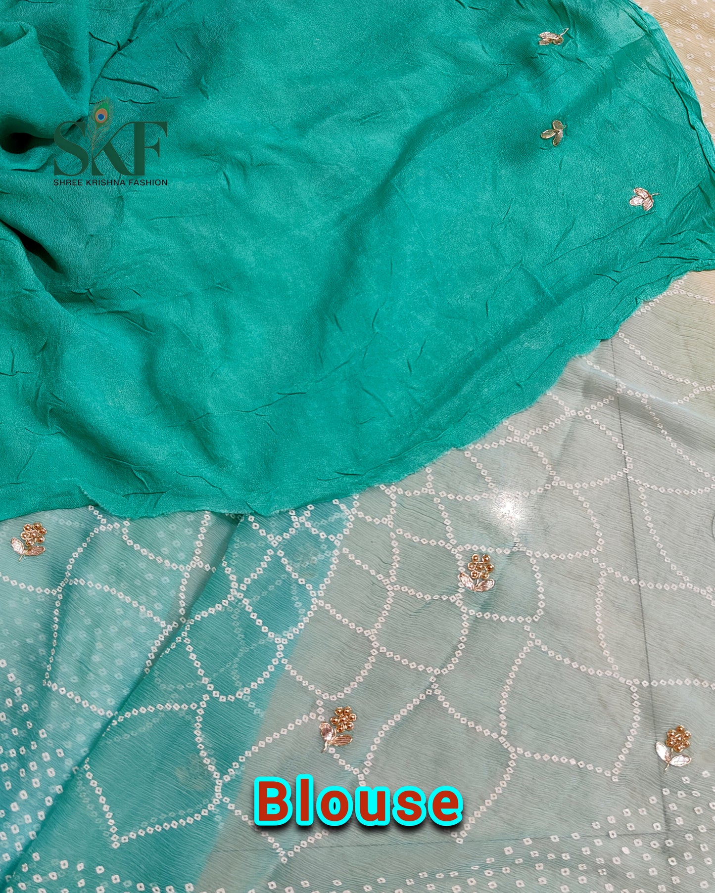 CHIFFON BHANDHANI HANDWORK BUTTY RAMAGREEN OMBRE DYE SAREE BY SKFBHOLUBHAI