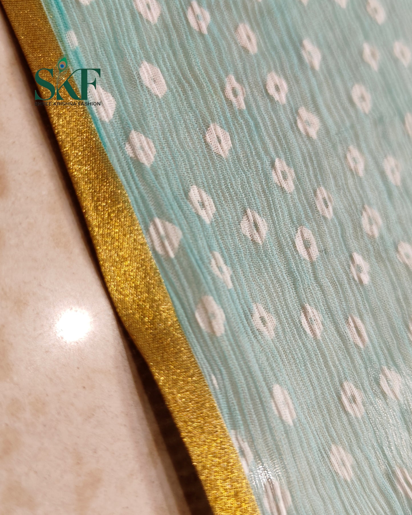 CHIFFON BHANDHANI HANDWORK BUTTY RAMAGREEN OMBRE DYE SAREE BY SKFBHOLUBHAI
