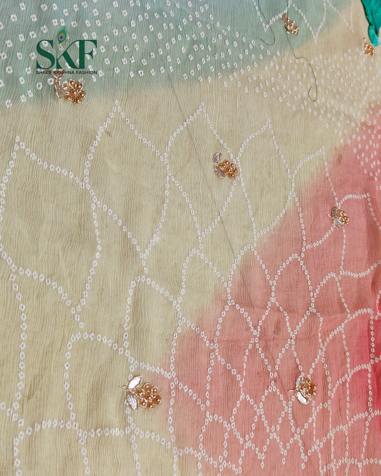 CHIFFON BHANDHANI HANDWORK BUTTY RAMAGREEN OMBRE DYE SAREE BY SKFBHOLUBHAI