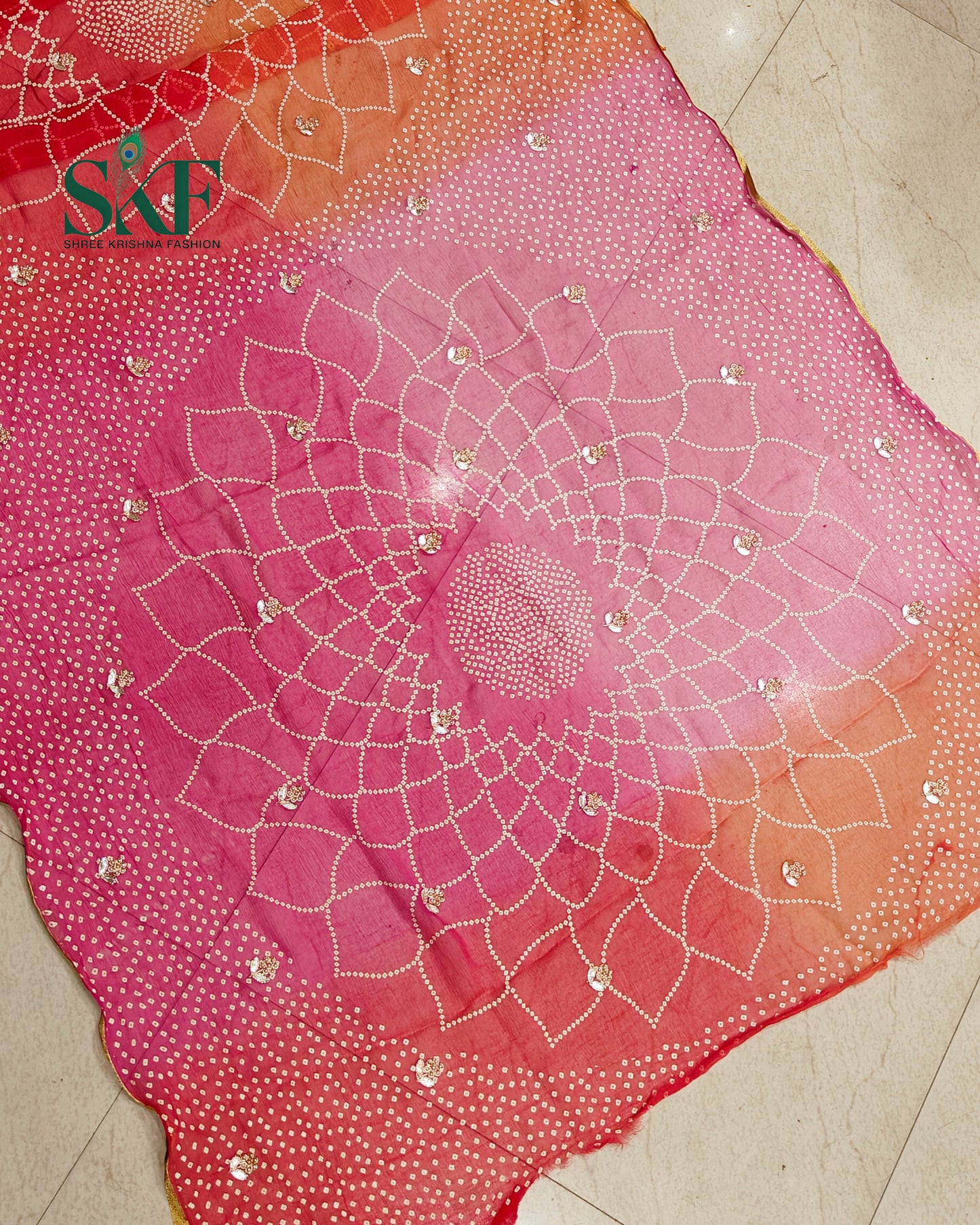 CHIFFON BHANDHANI HANDWORK BUTTY PINK OMBRE DYE SAREE BY SKFBHOLUBHAI