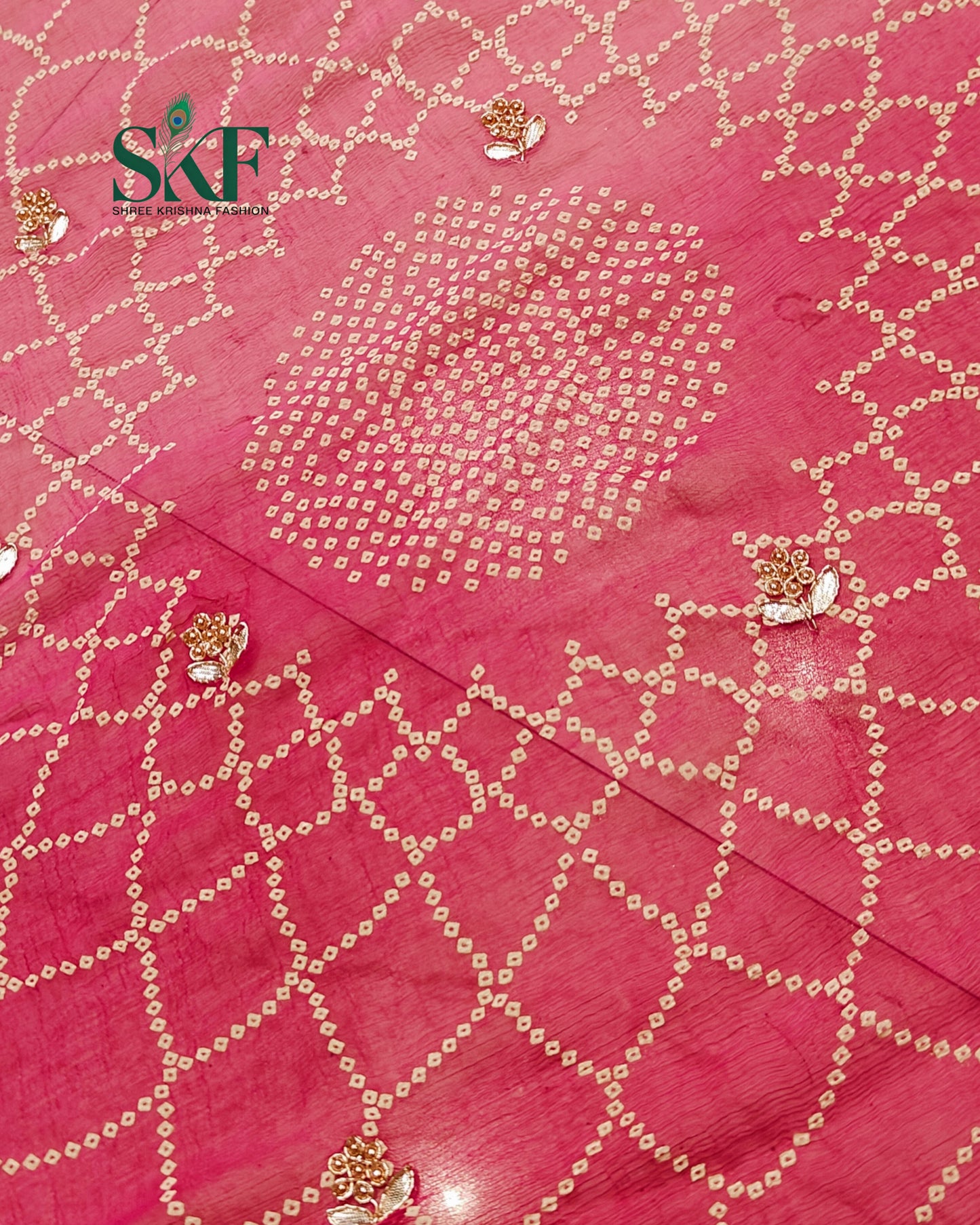 CHIFFON BHANDHANI HANDWORK BUTTY PINK OMBRE DYE SAREE BY SKFBHOLUBHAI