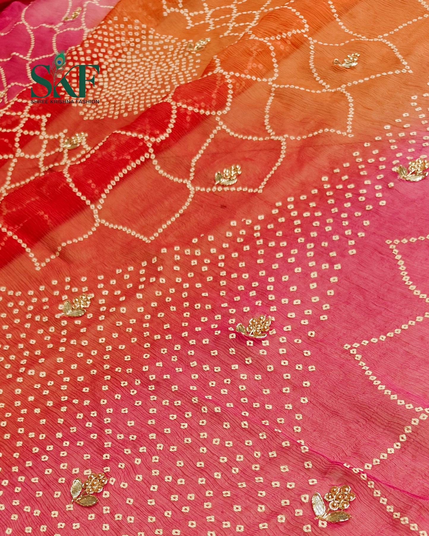 CHIFFON BHANDHANI HANDWORK BUTTY PINK OMBRE DYE SAREE BY SKFBHOLUBHAI